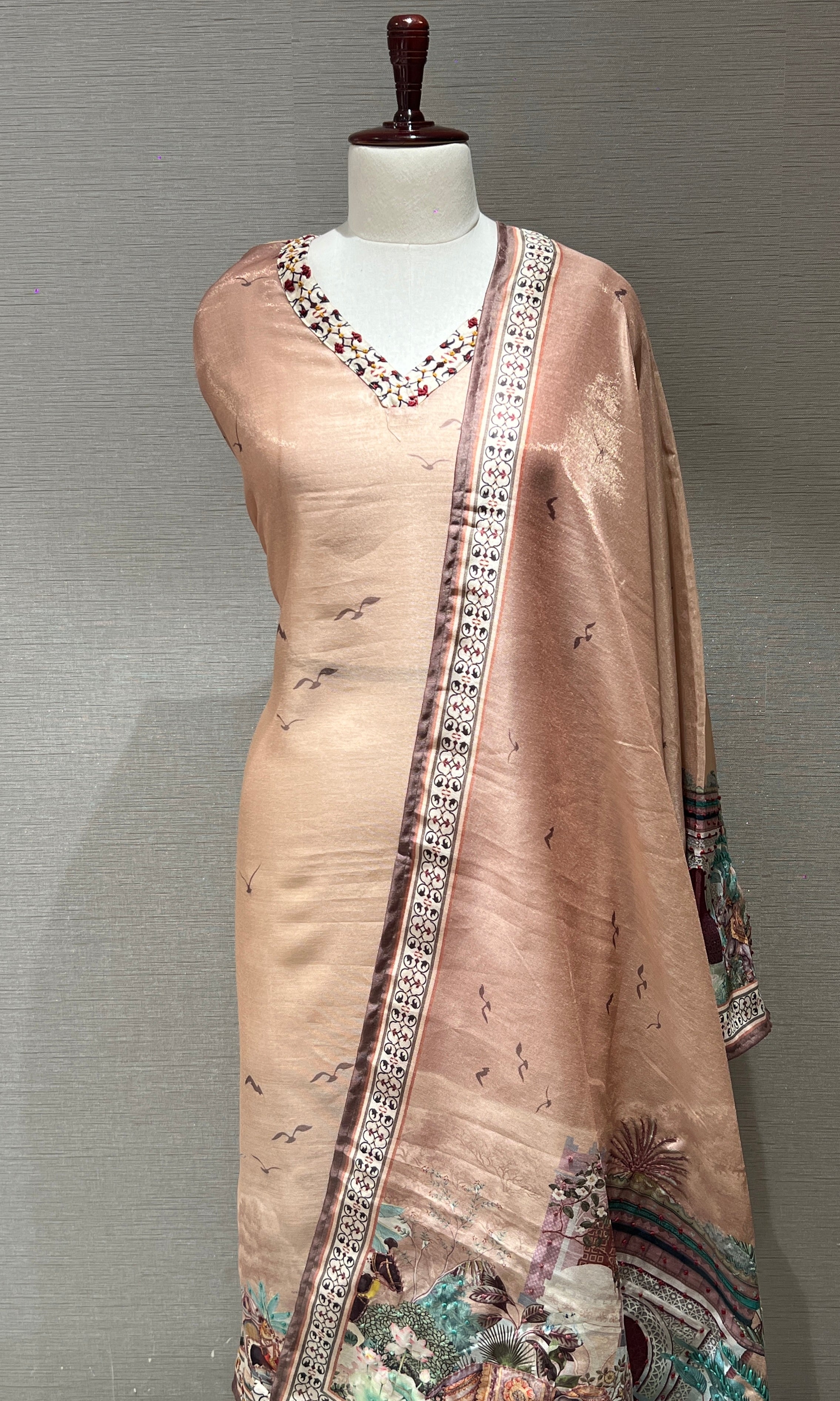 Gold floral embroidered dress material