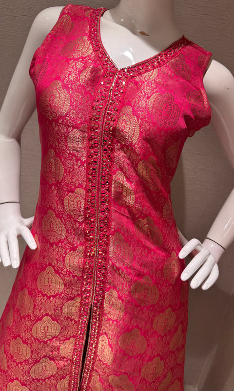 pink and Gold Banarasi Silk Anarkali Set with Dupatta