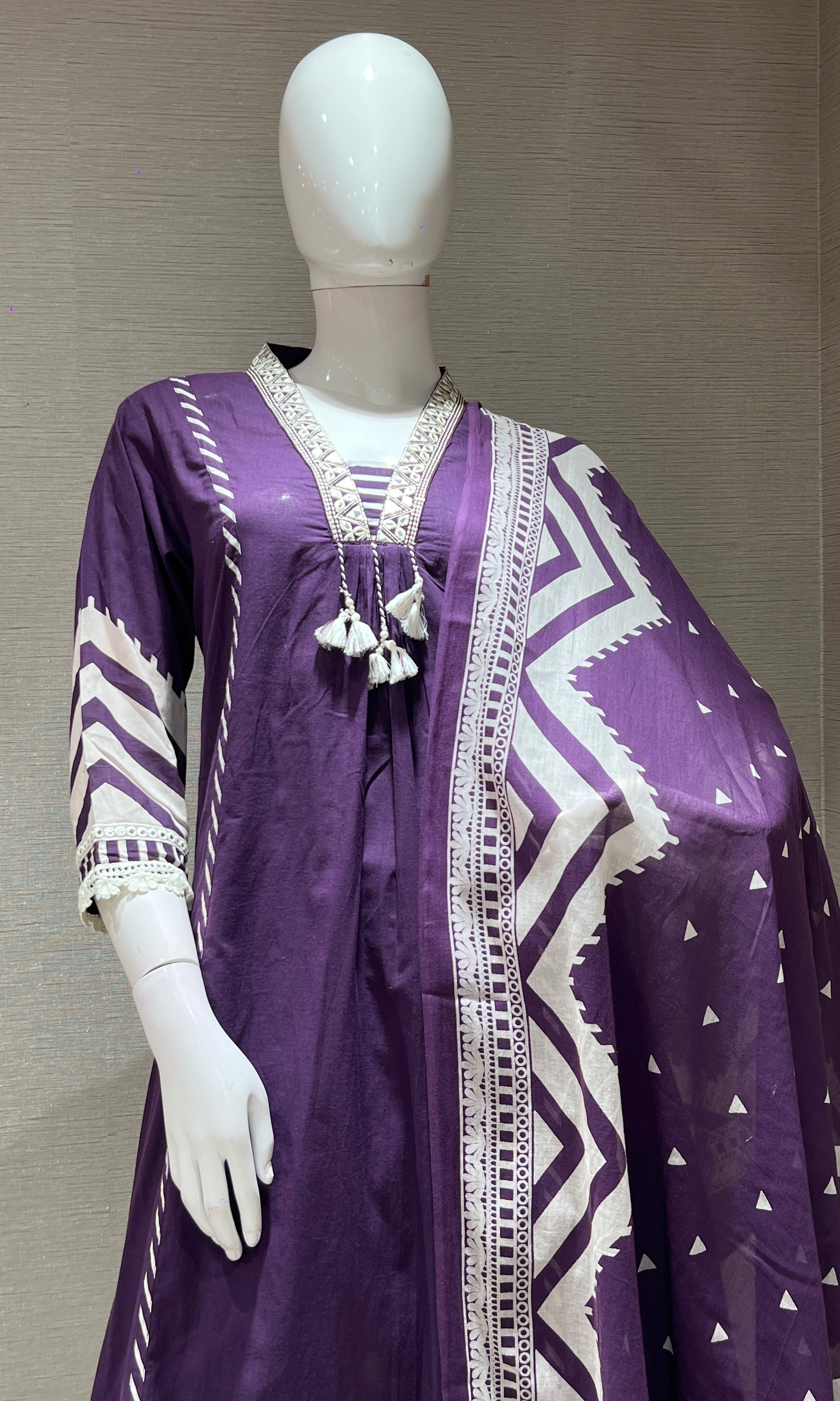 PURPLE ethnic white lace kurta set