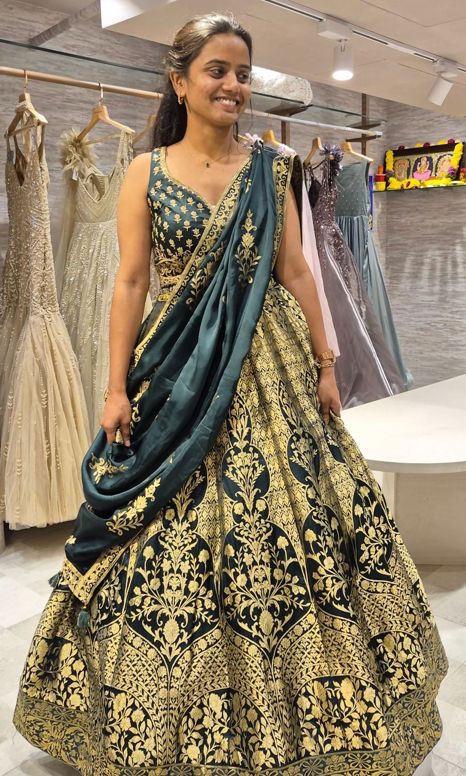 Emerald Green Lehenga with Gold Weaves