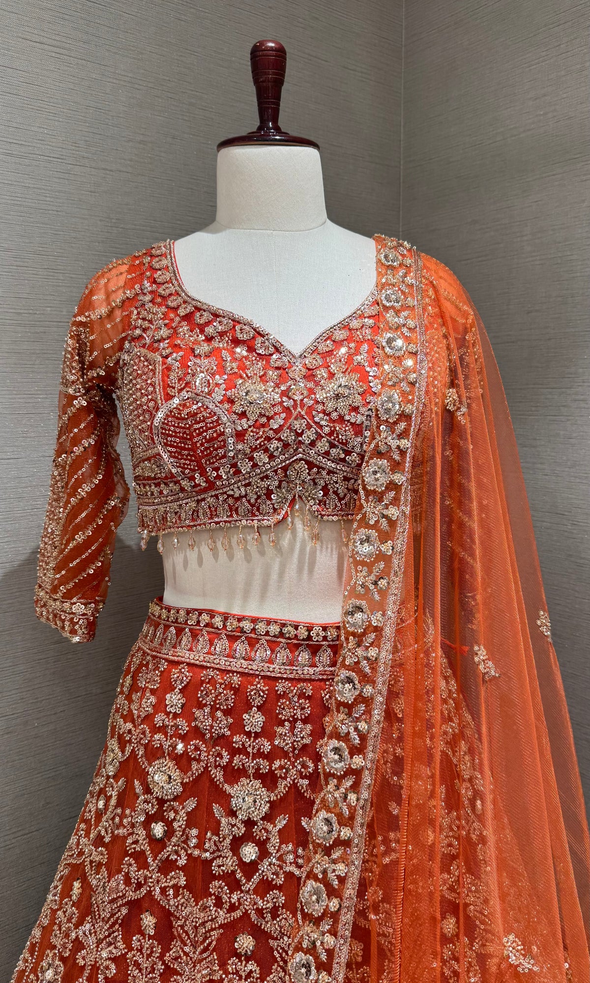 Rust Orange Georgette Motif Bridal Lehenga Set
