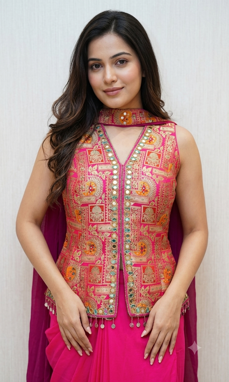 Fuchsia Pink Draped Skirt with Corset blouse