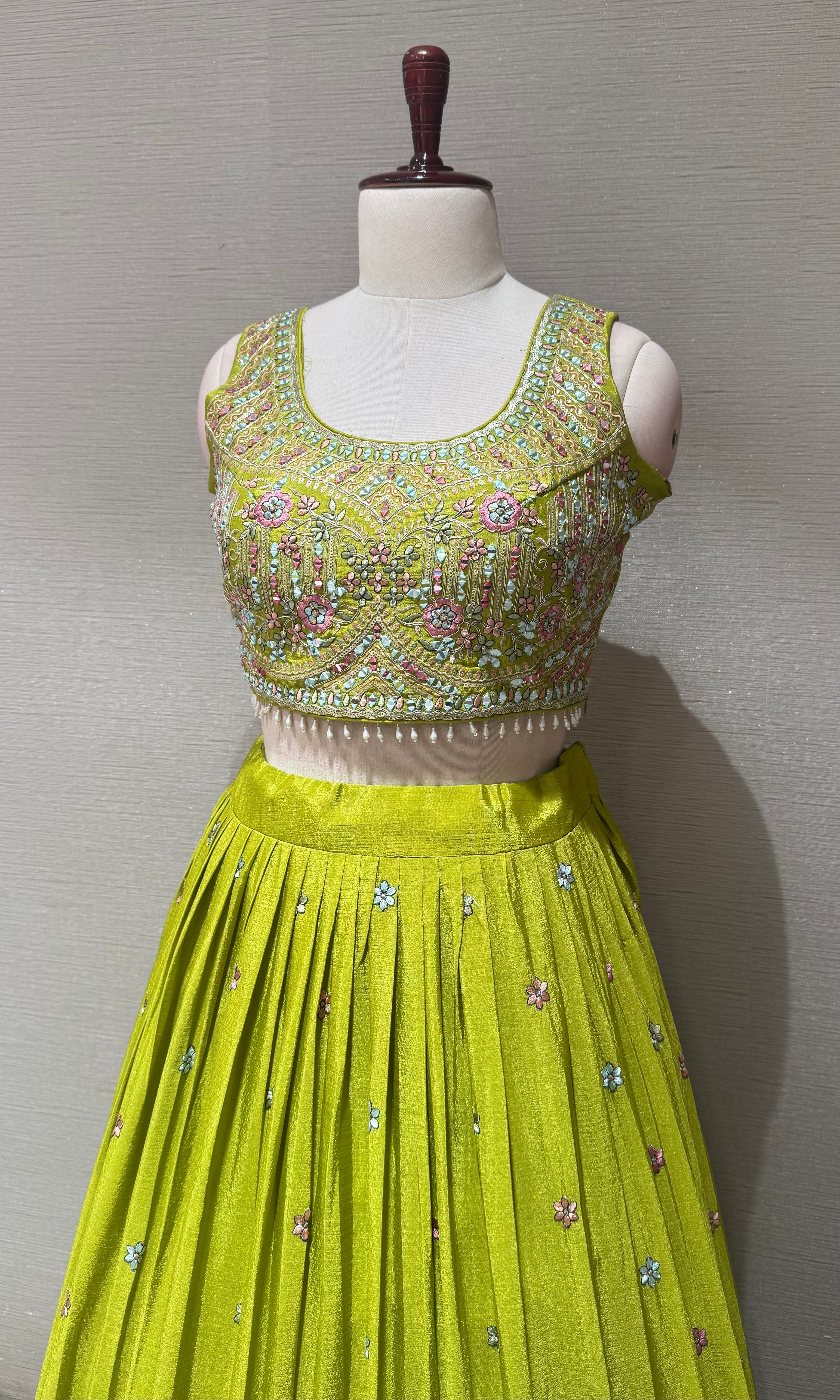 Green Tissue silk lehenga set with intricate floral embroidery