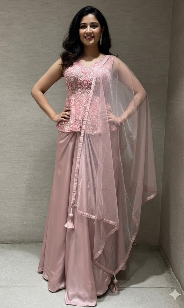 Baby pink EMBROIDERED PEPLUM BLOUSE WITH SKIRT