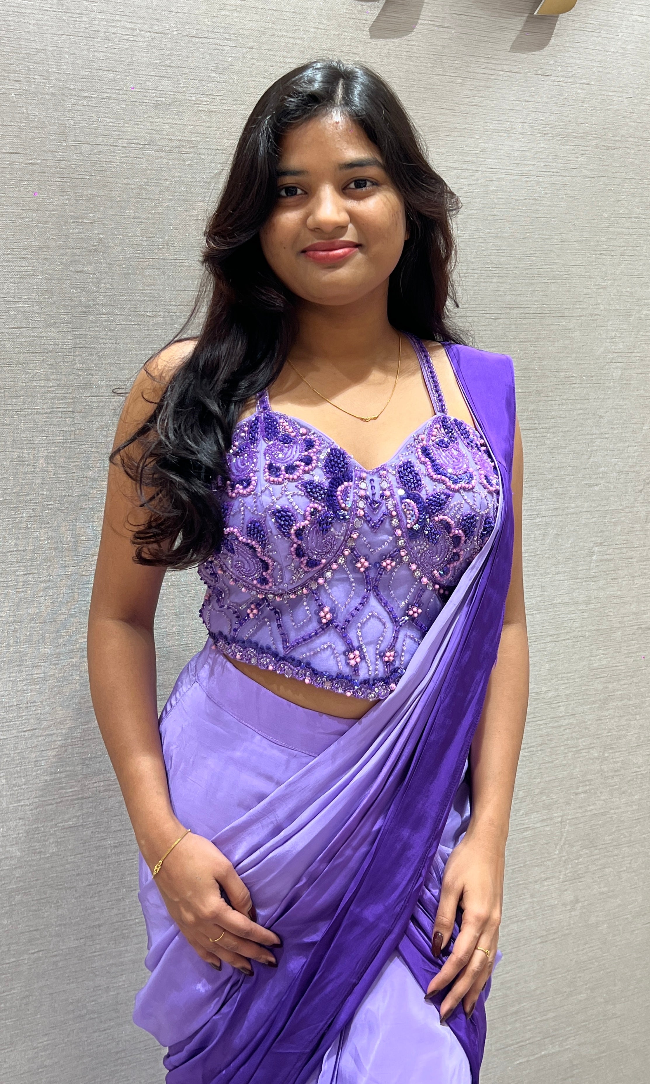purple drape saree With Sweetheart Neck Blouse