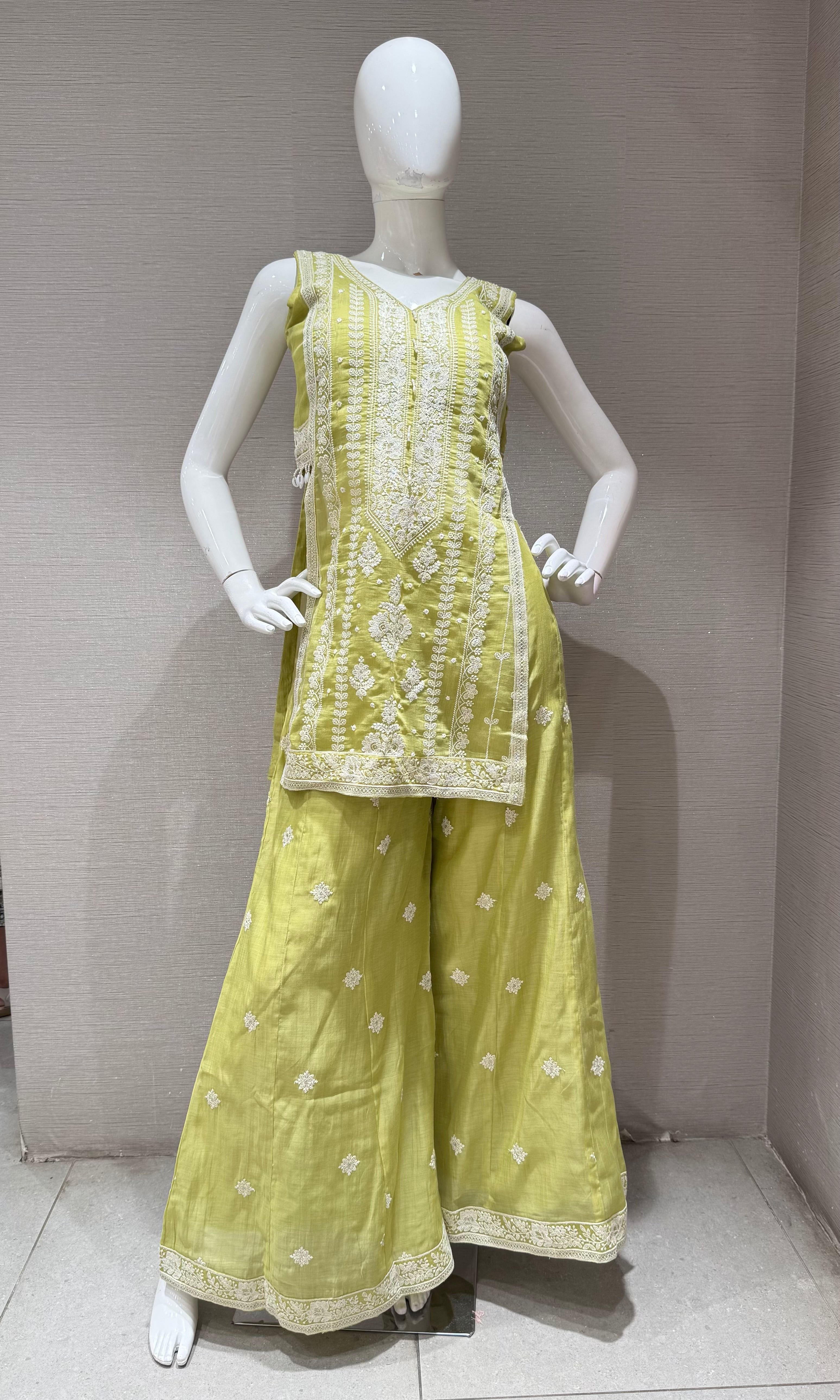 Lime green Embroidered shimmer silk palazzo set