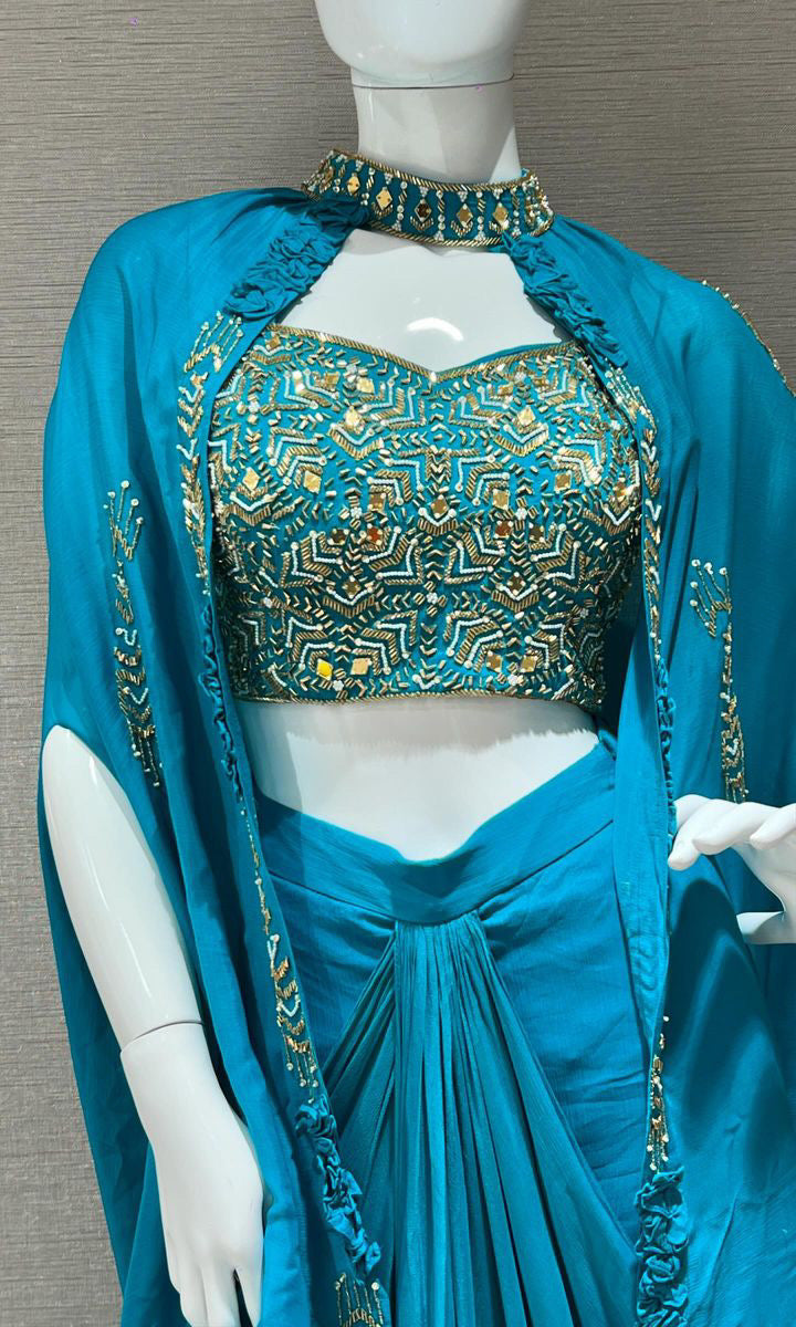 Blue dress with cape Indo western