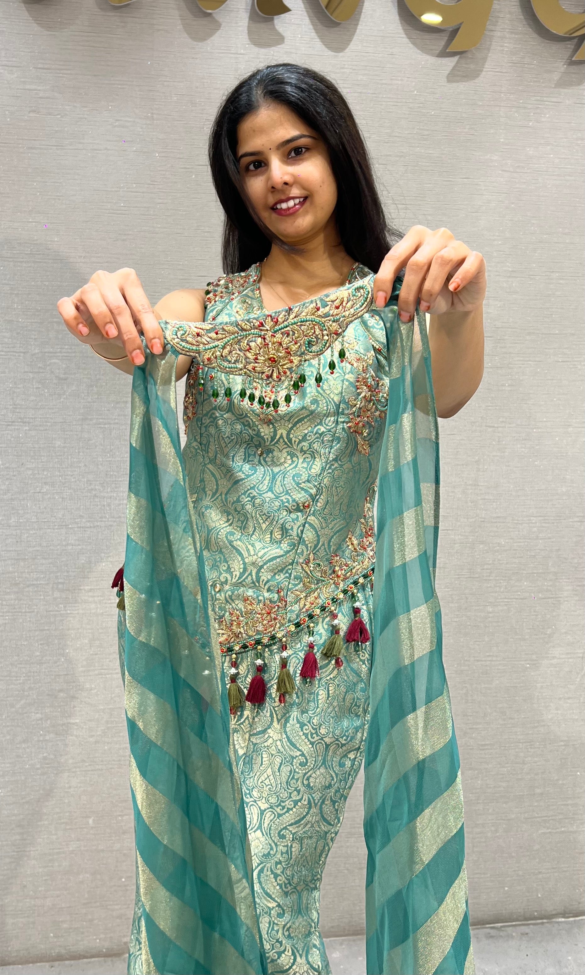 Green Gold Floral Banarasi Silk Brocade Peplum palazzo set