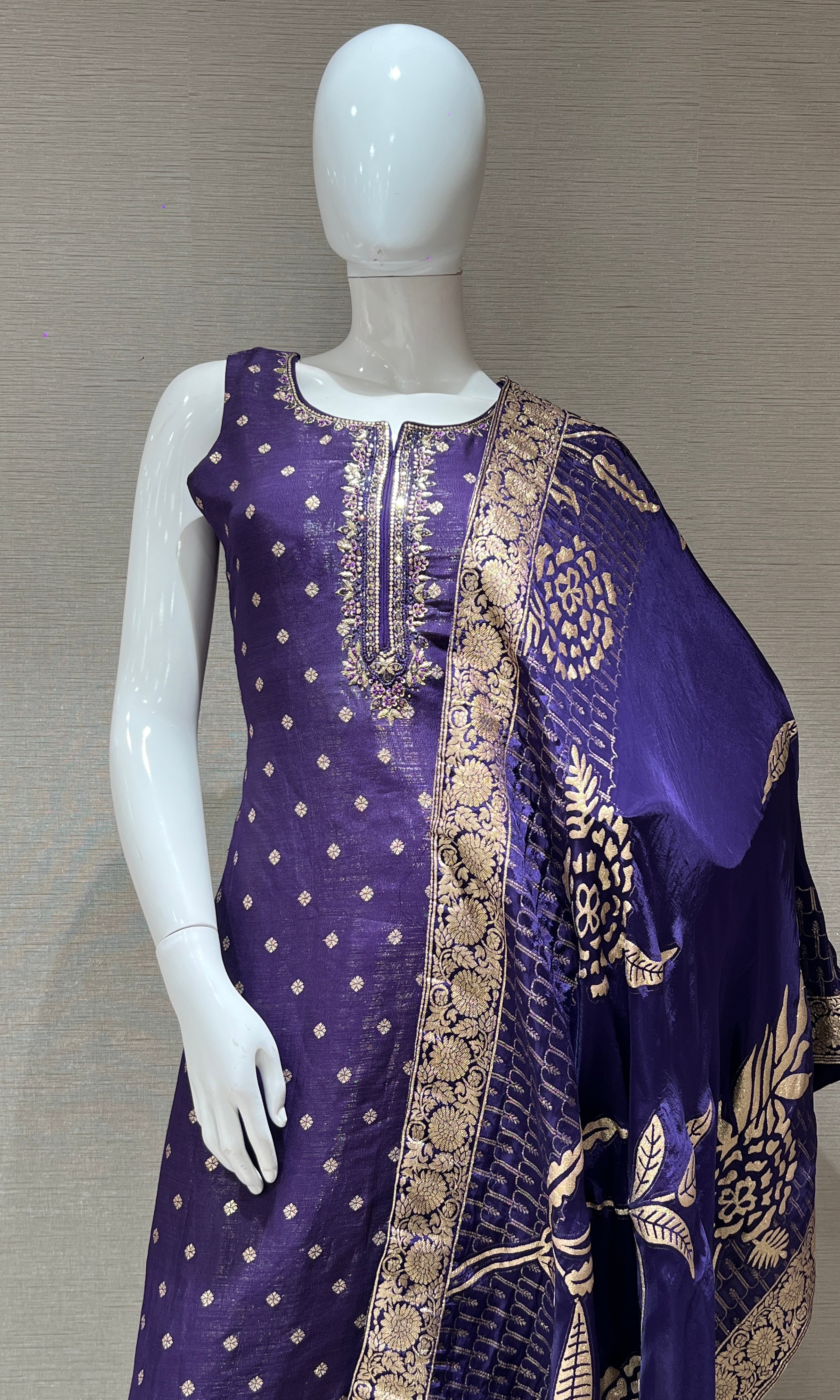 Purple shimmer silk embroidered kurta set