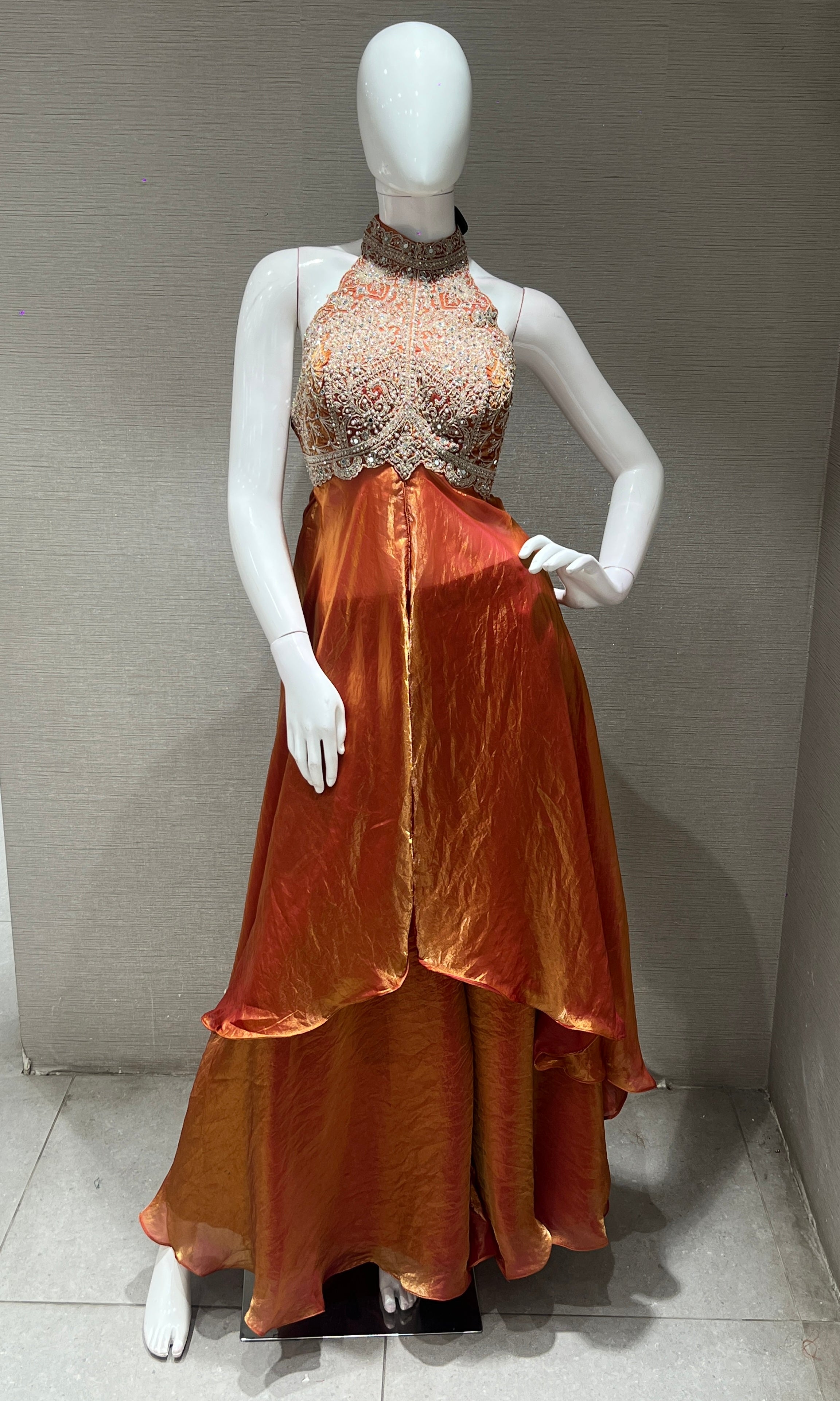 Rust ORANGE HALTER NECK A LINE CUT PALAZZO SET