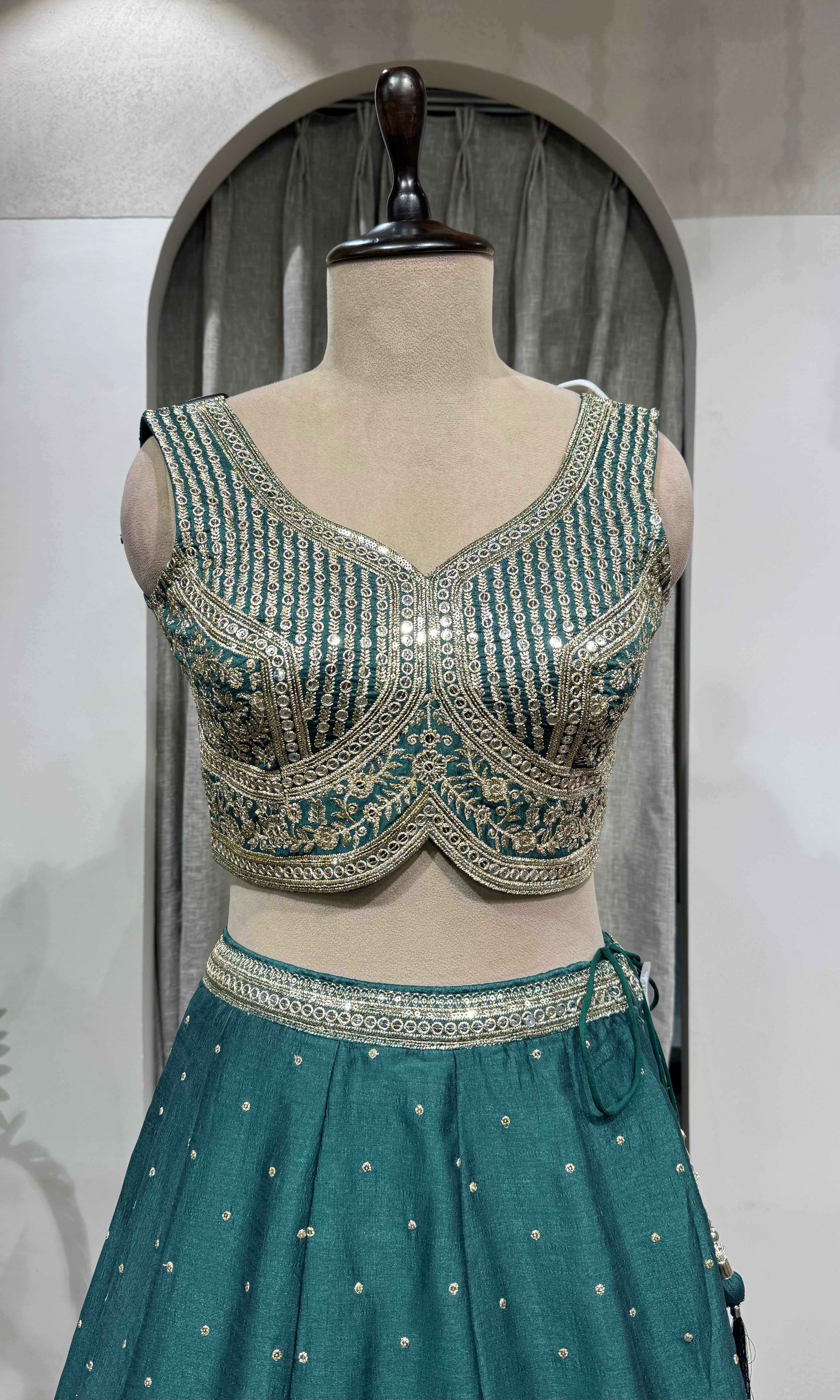 Green silver and gold embroidery lehenga set