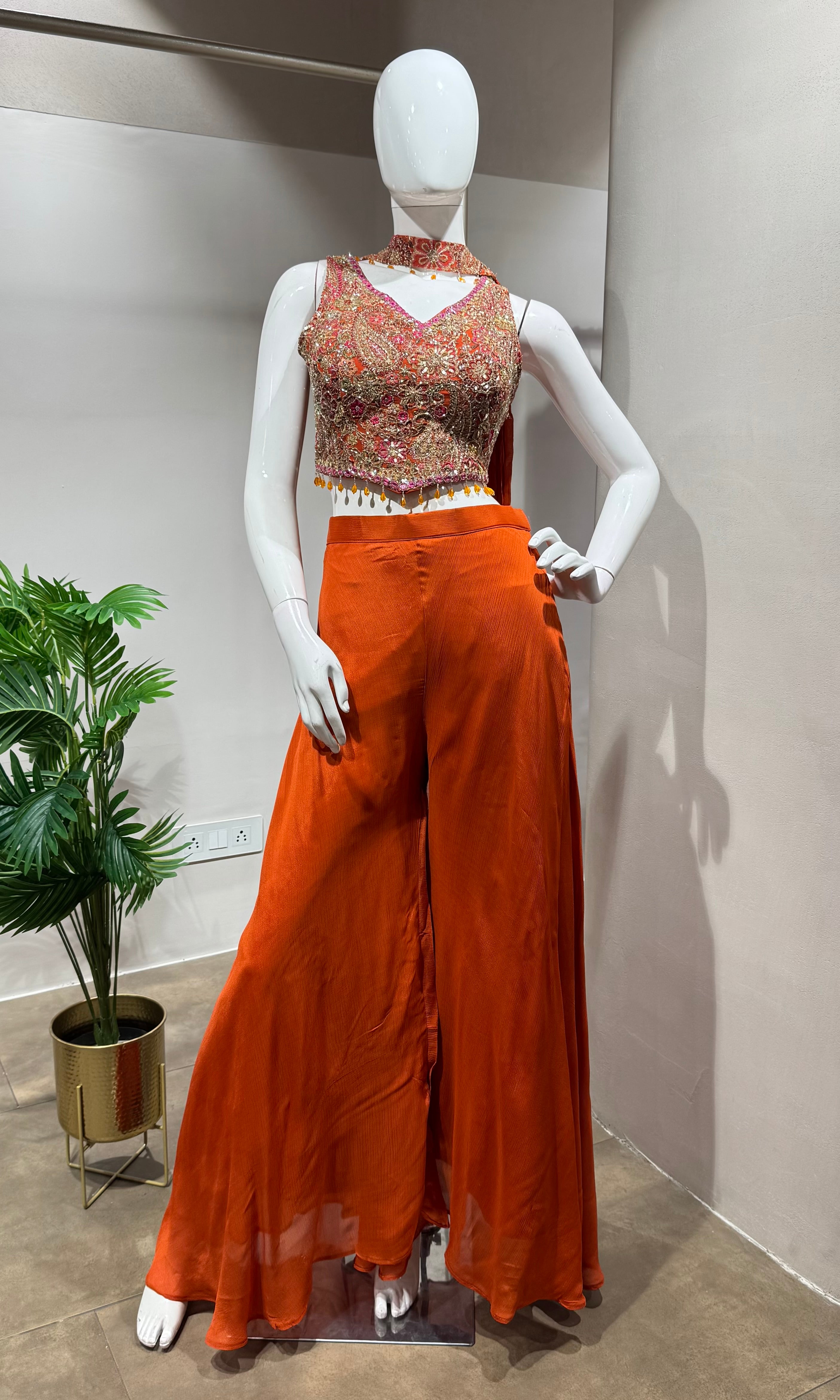 Rust Orange Embroidered Palazzo Set