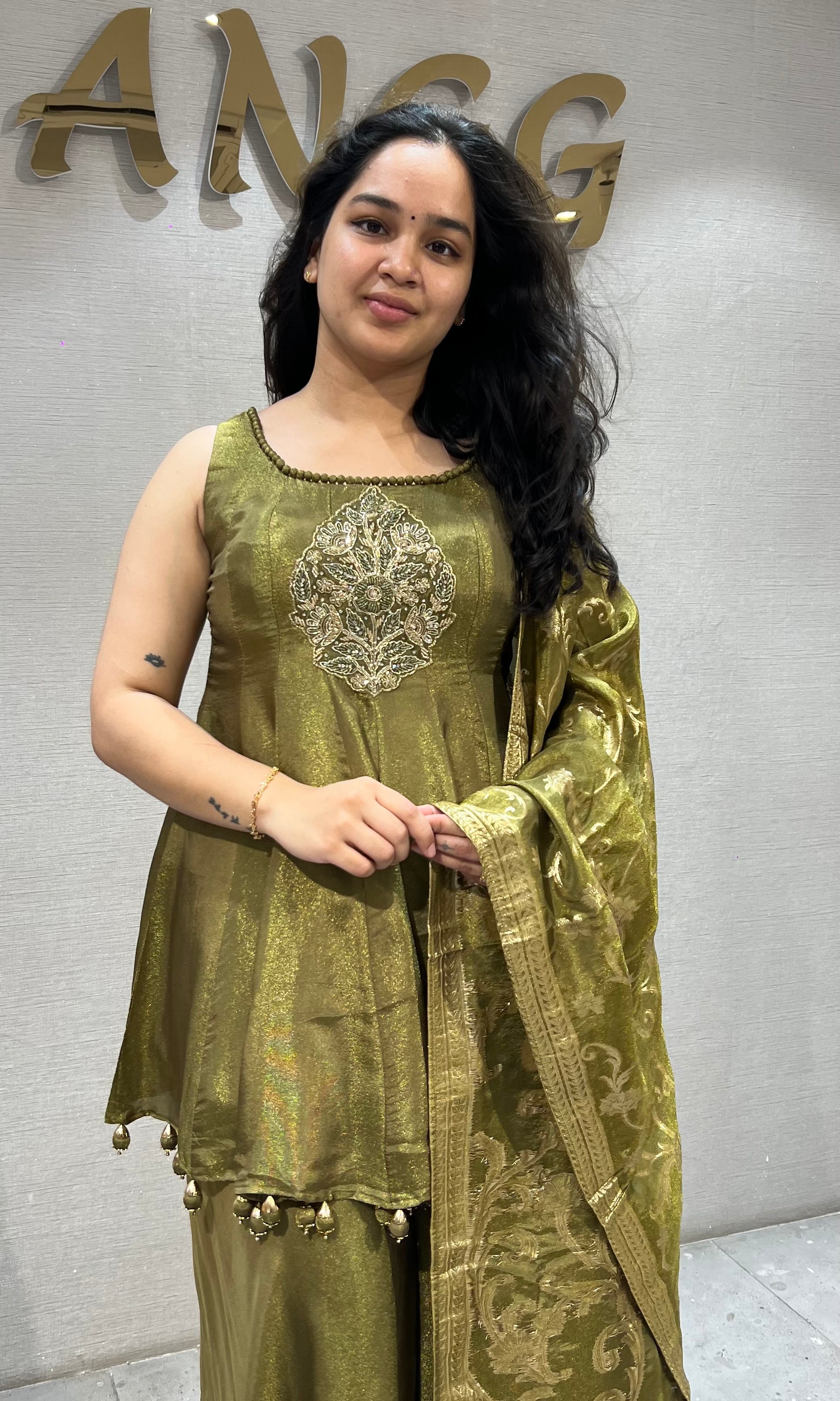 Mehandi Green Shimmer Metallic Ethnic Palazzo Set