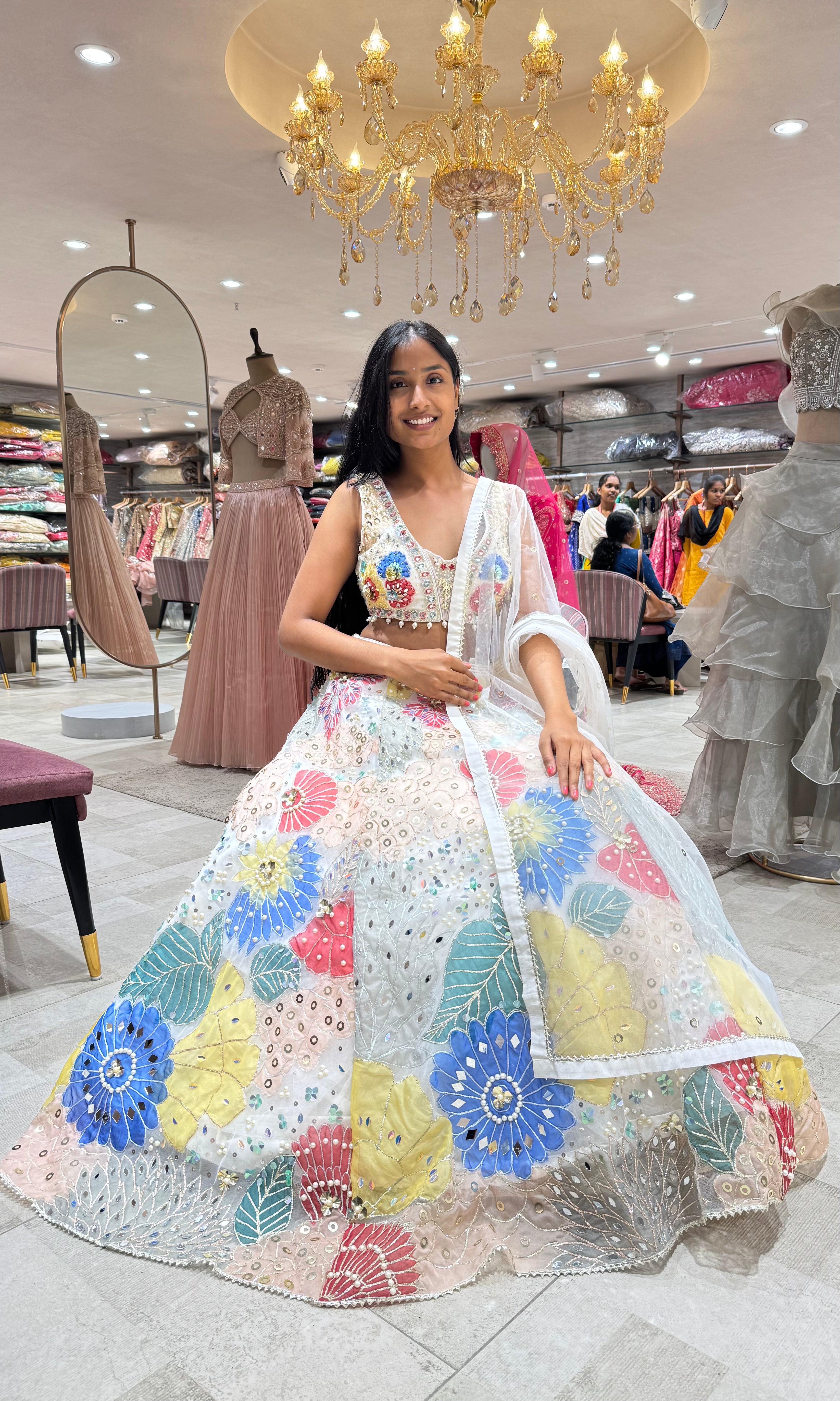 WHITE MULTI FLORAL EMBROIDERED LEHENGA