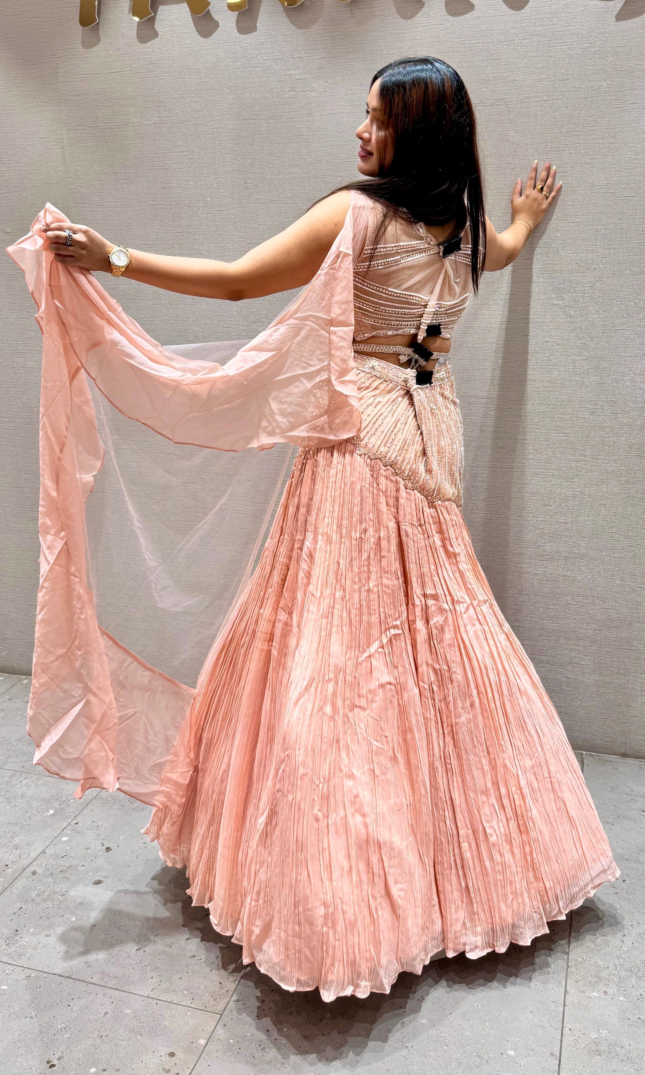 peach Ensemble Lehenga with Ruffle Dupatta