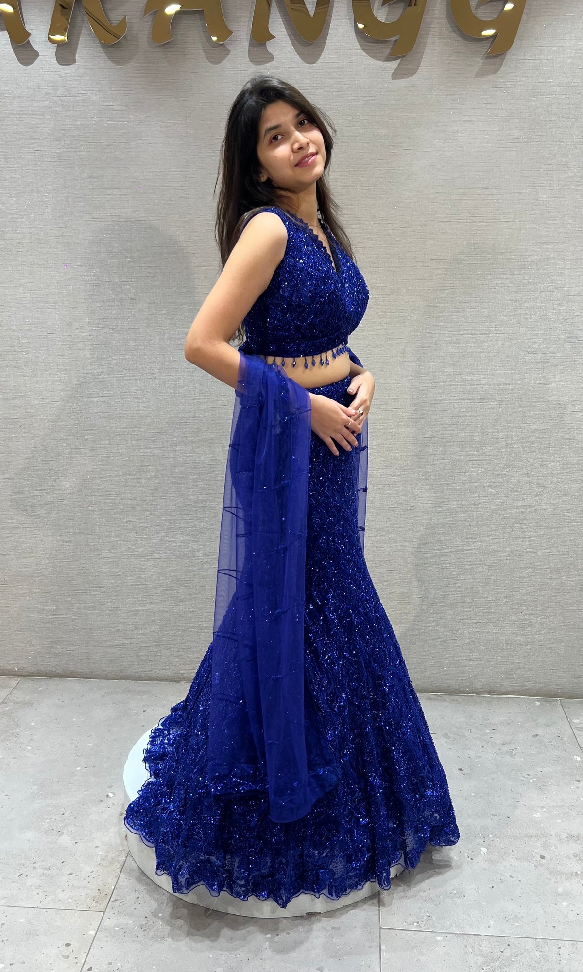 Royal Blue Sequined fish cut Lehenga Set with net dupatta