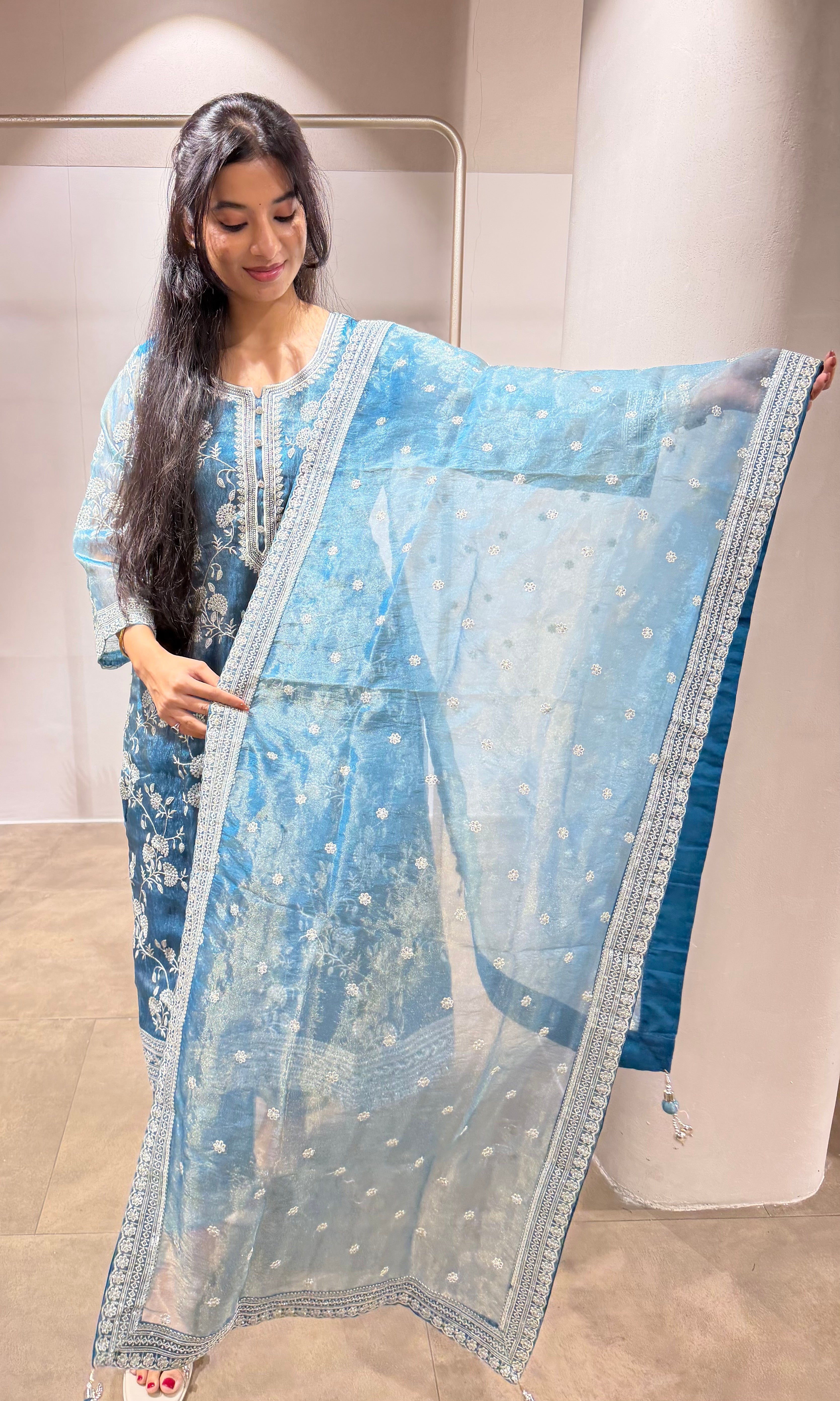 Ice Blue Tissue kurta set with dupatta
