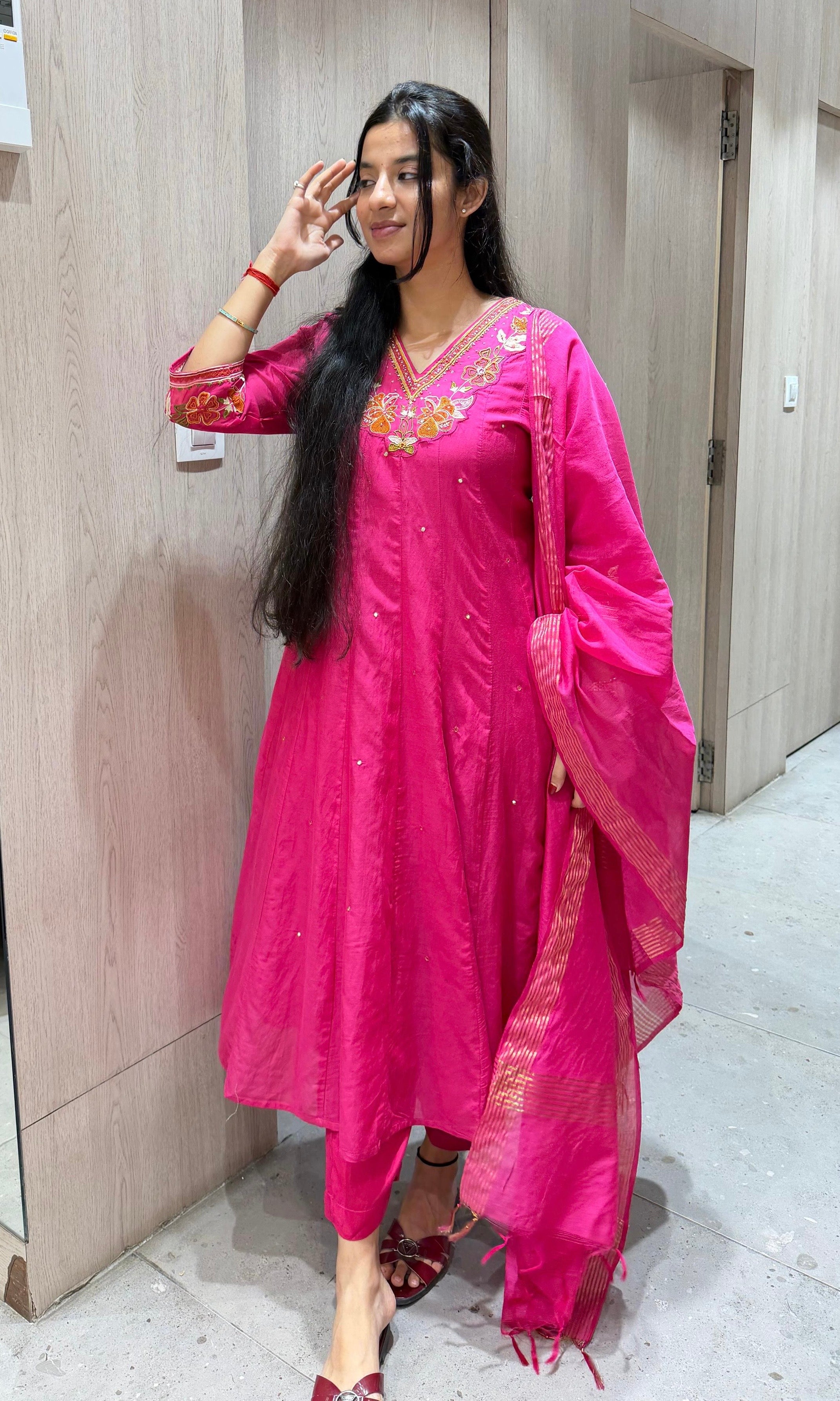 Pink FLORAL NECK LINE EMBROIDERED ANARKALI