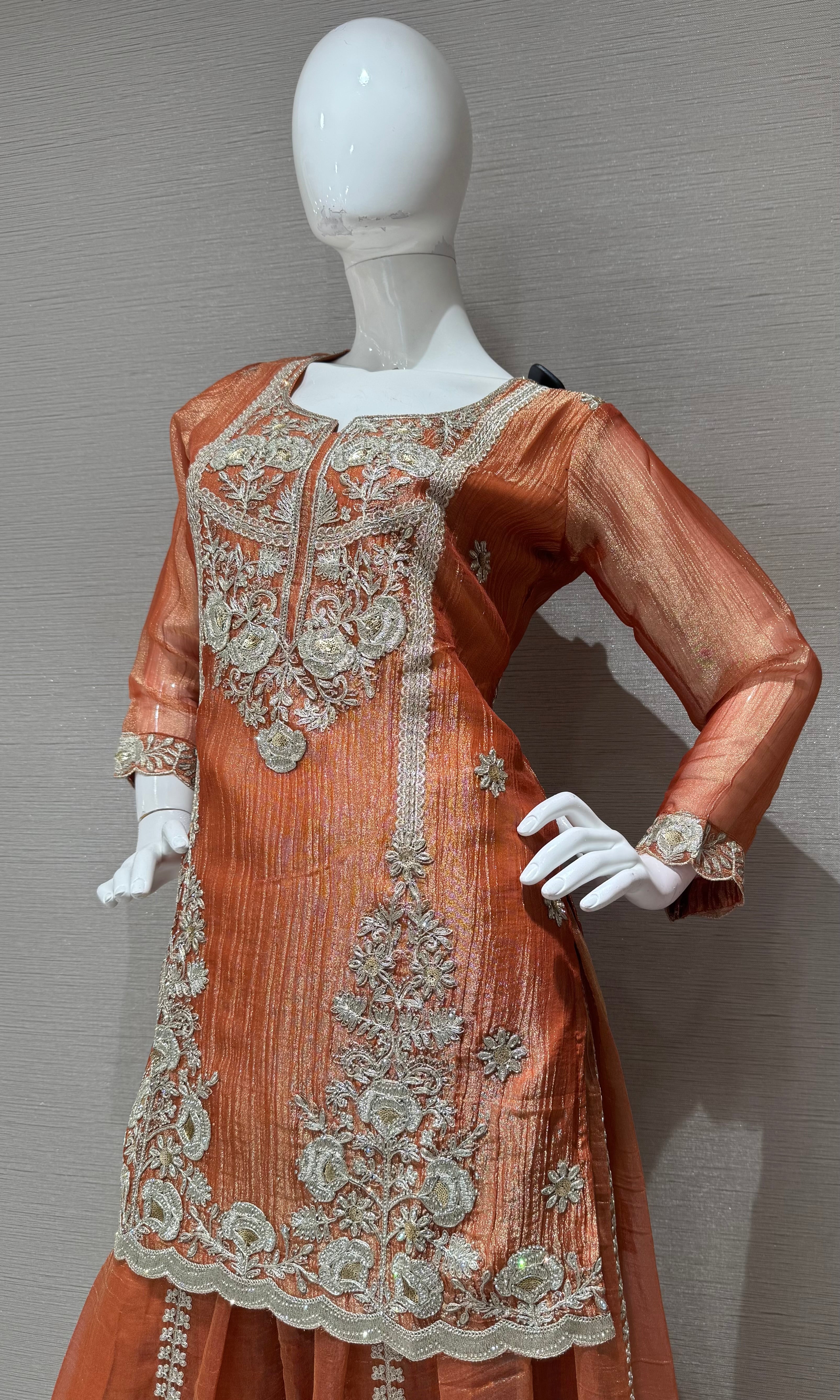 Rust Embroidered Sharara Set with Sheer Dupatta