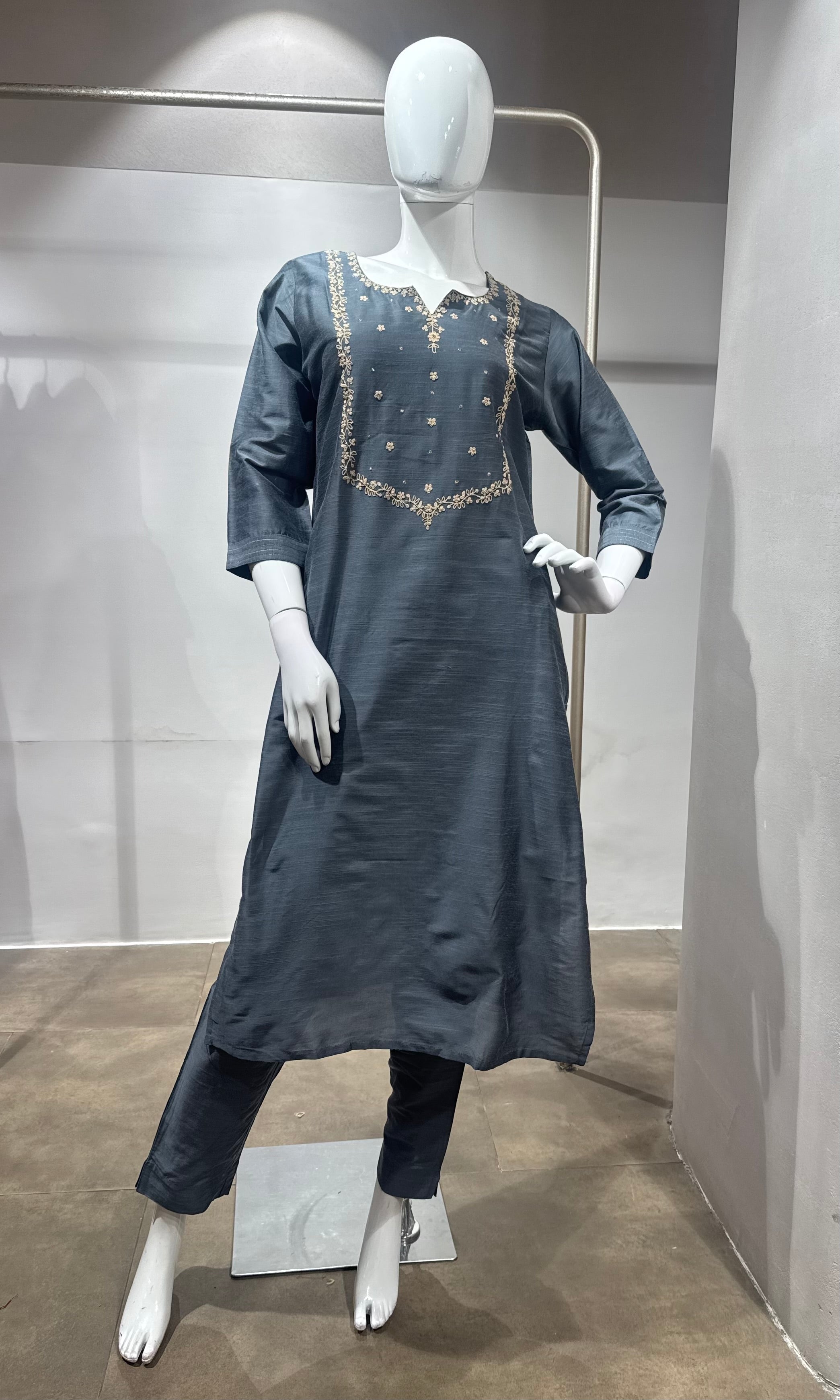Slate Grey Silk Chanderi Kurta Set with Zari Embroidered