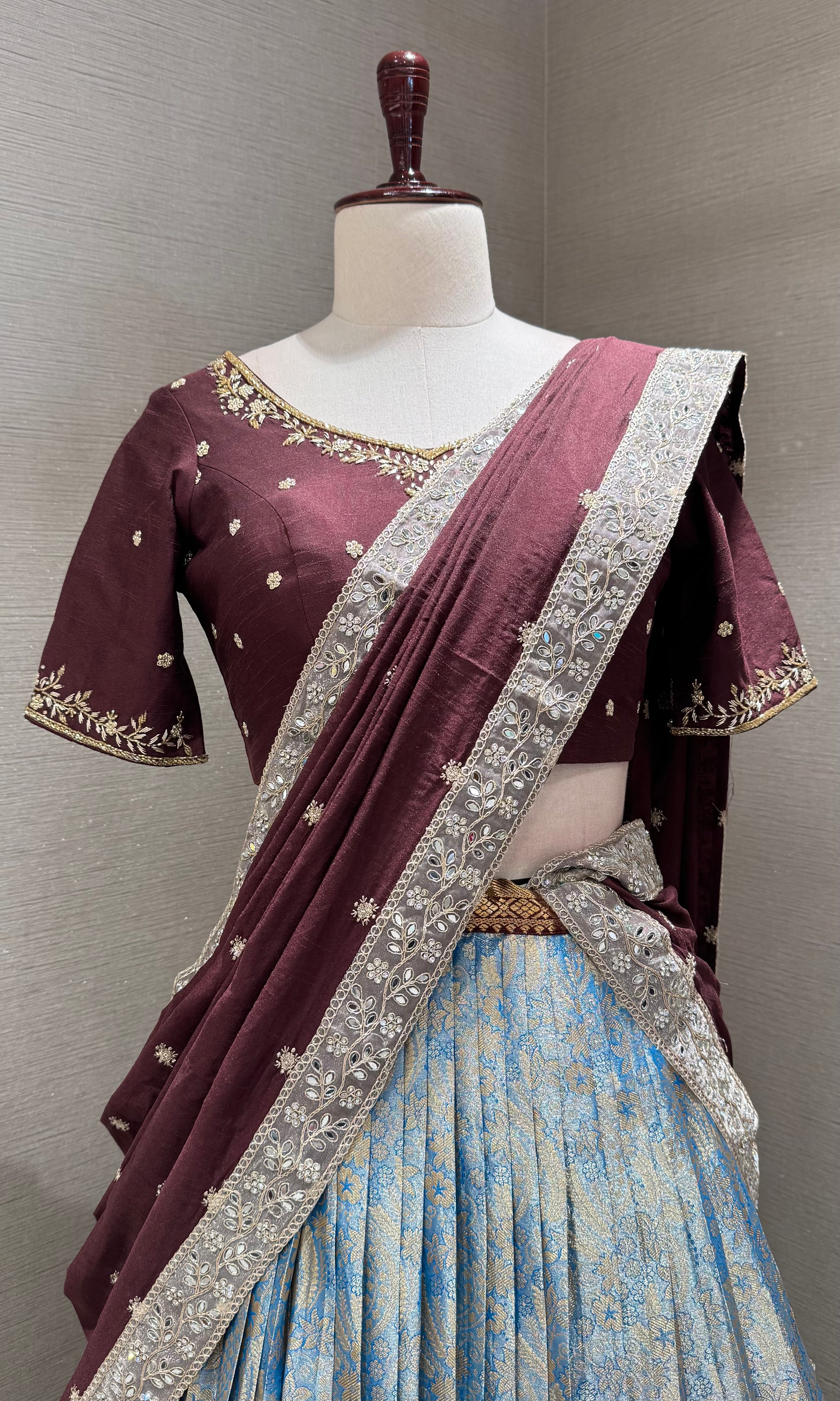 BLUE BANARASI PATTU LEHENGA WITH EMBROIDERED BLOUSE