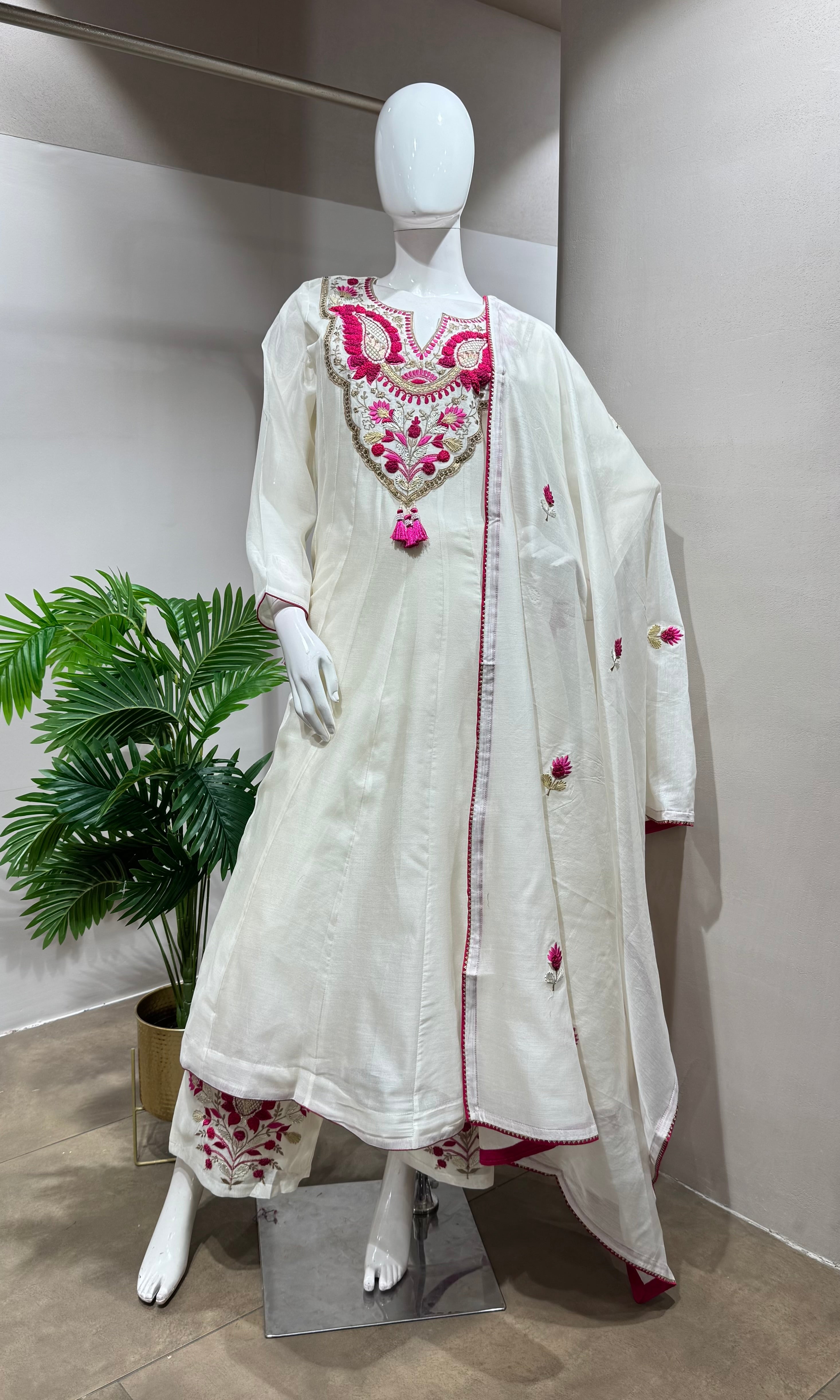 Half White Cotton Embroidery anarkali set