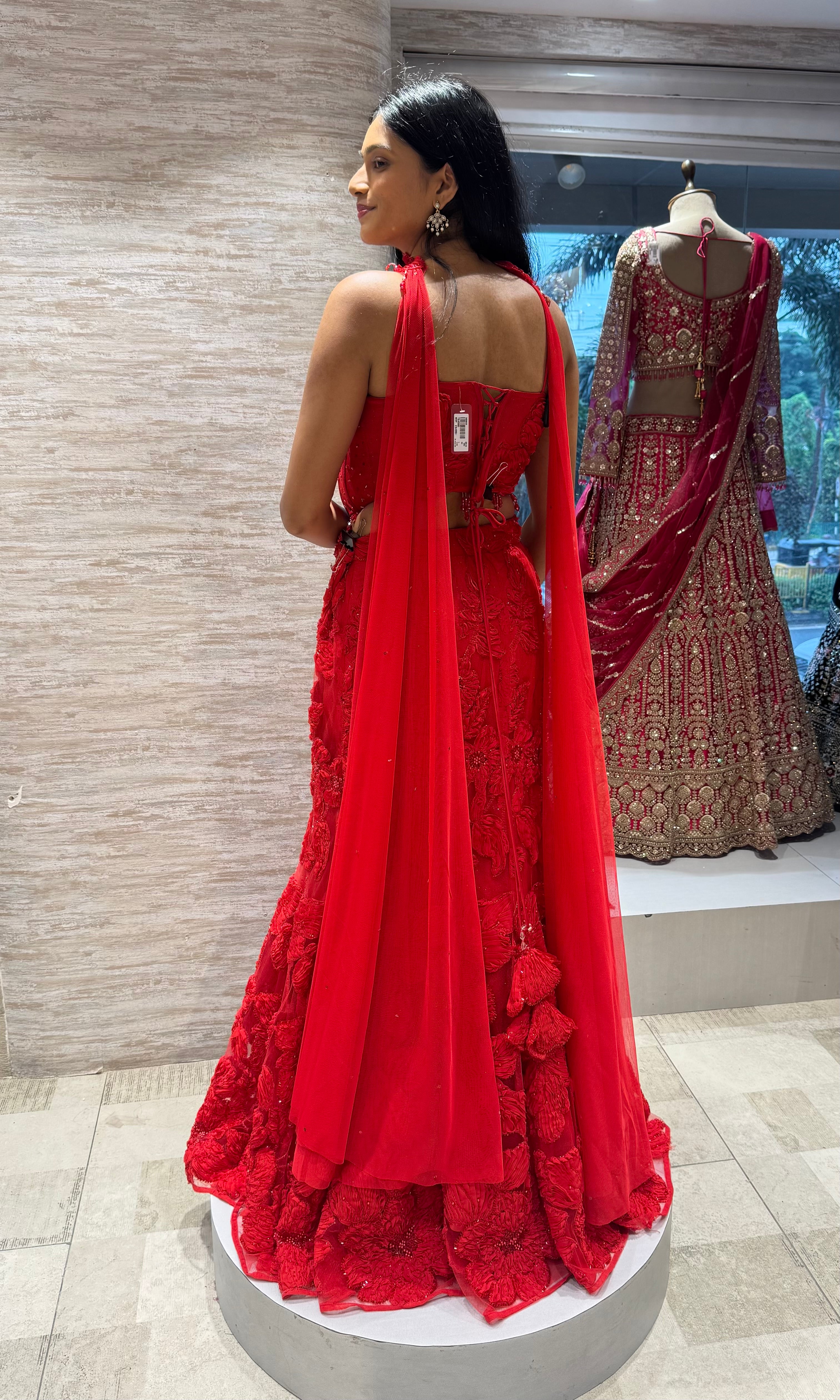 Crimson Red Floral Fish Lehenga set