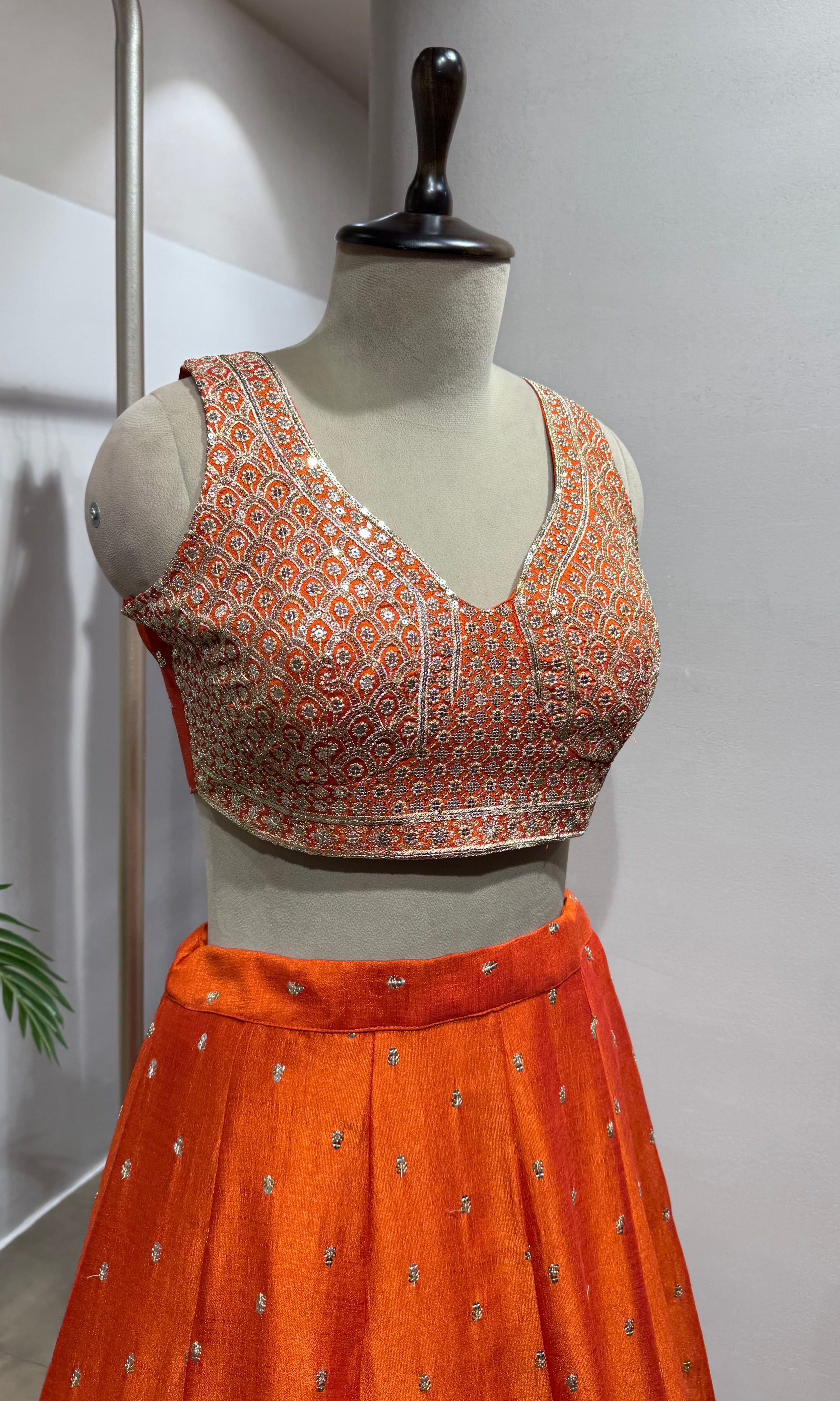 orange embroidered silk lehenga choli set