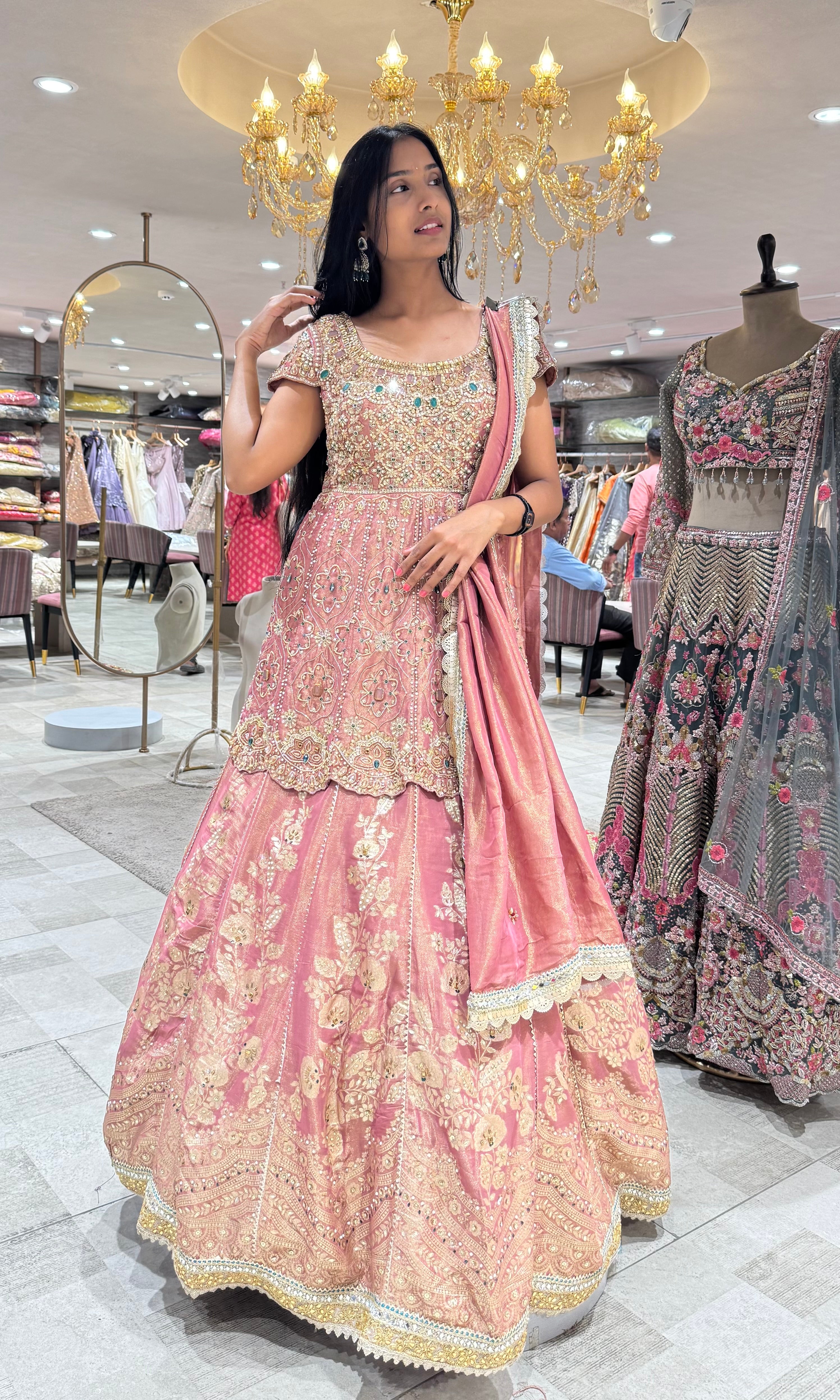0NION PINK GOLDEN FLORAL EMBROIDERED LEHENGA