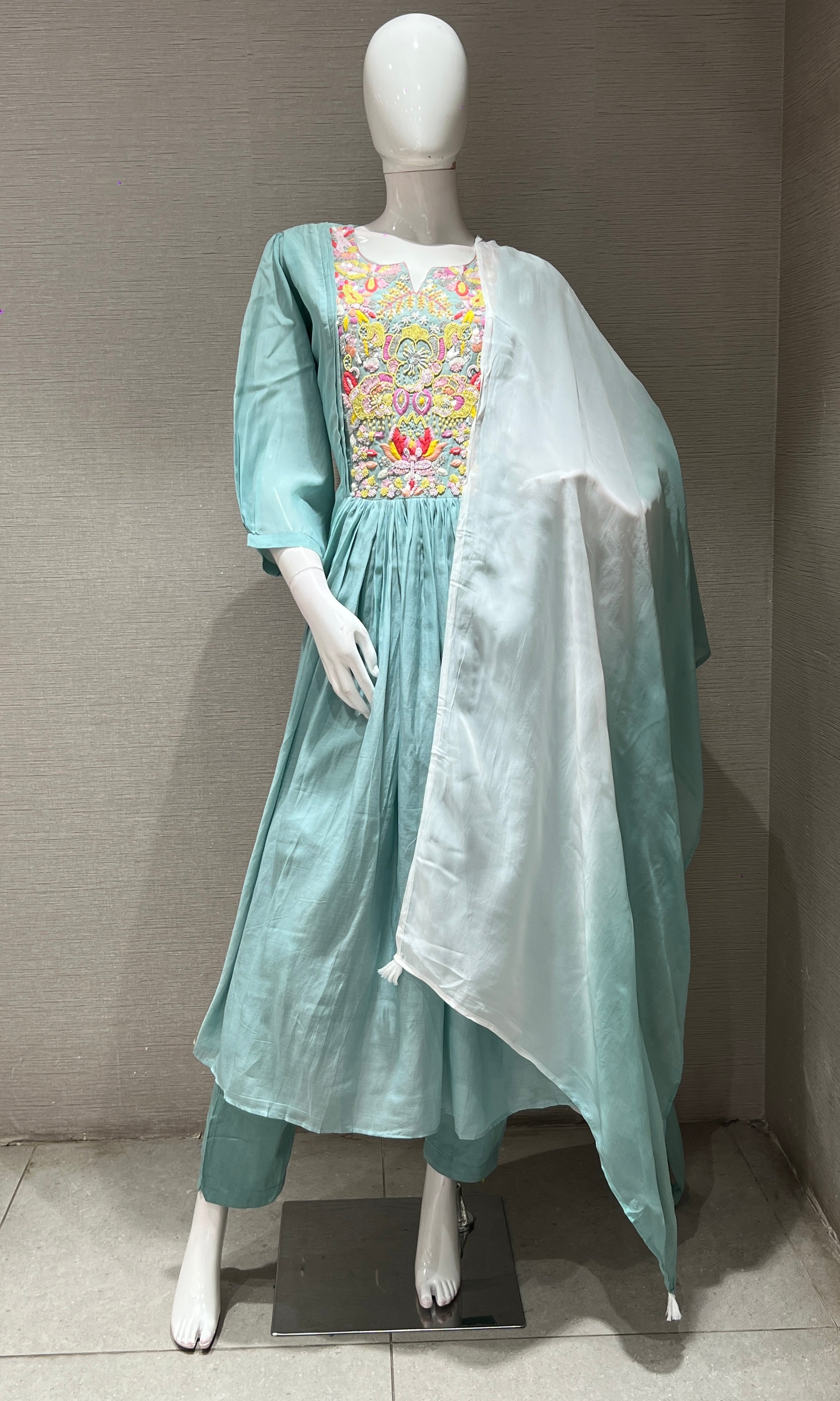 sea blue floral bead work mul chanderi kurta set
