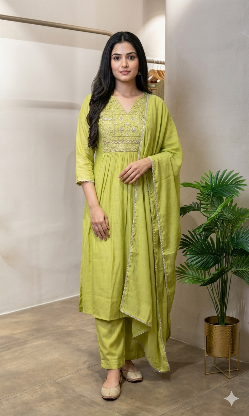GREEN crystal embroidery mul chanderi kurta set