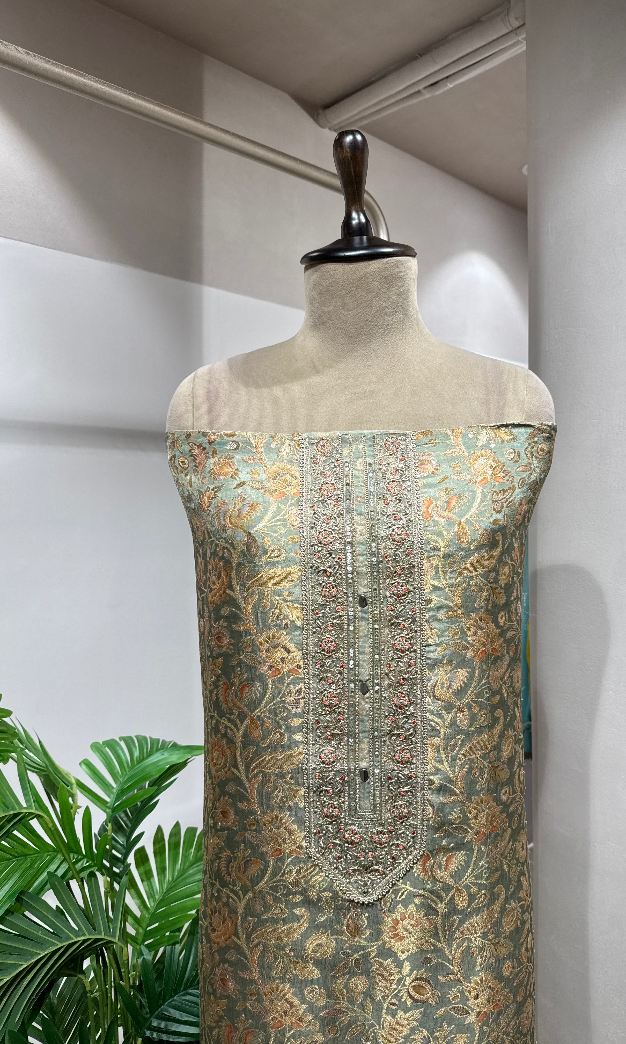 PISTA GREEN BANARASI SILK DRESS MATERIAL