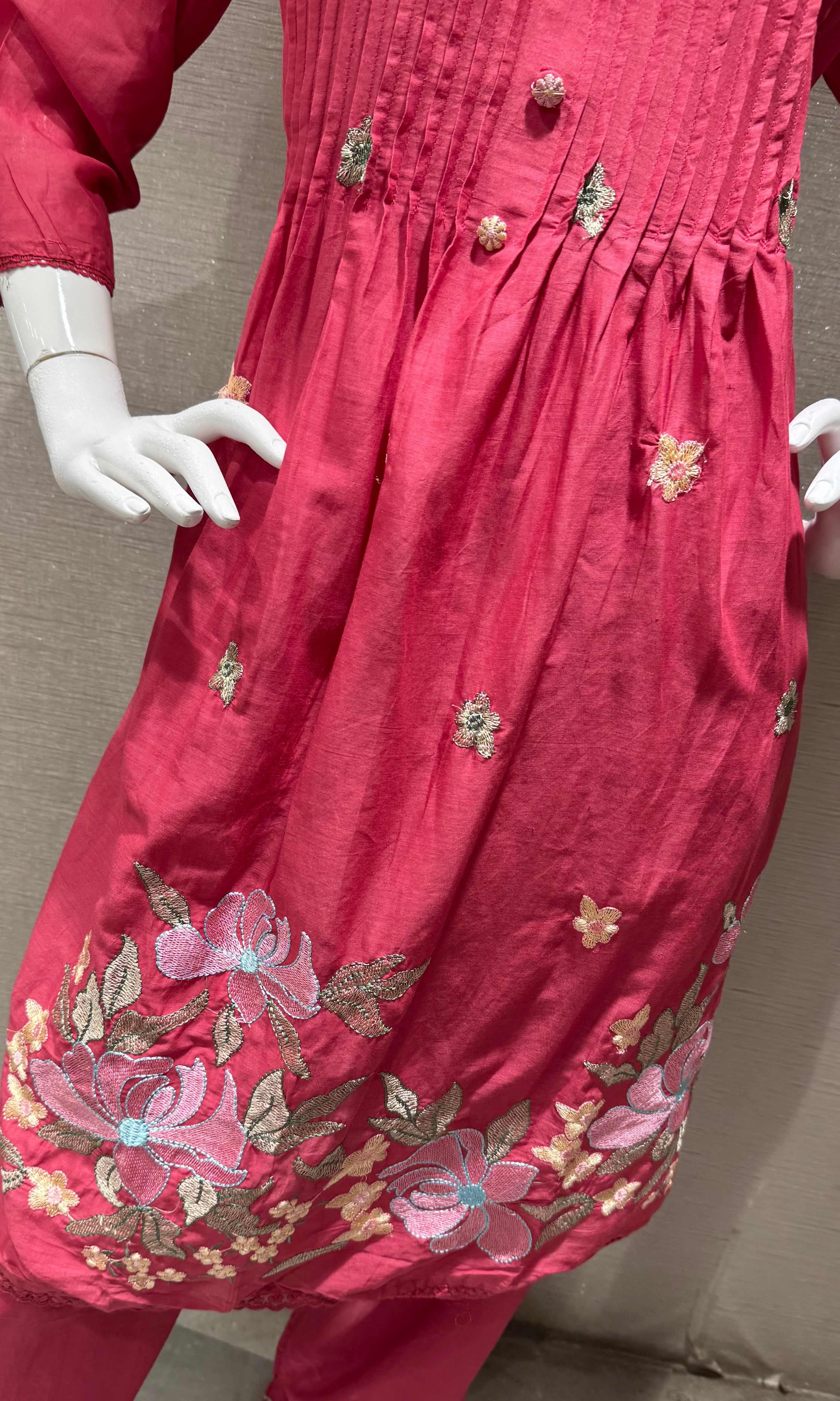 Pink Floral Silk Chanderi kurta Set