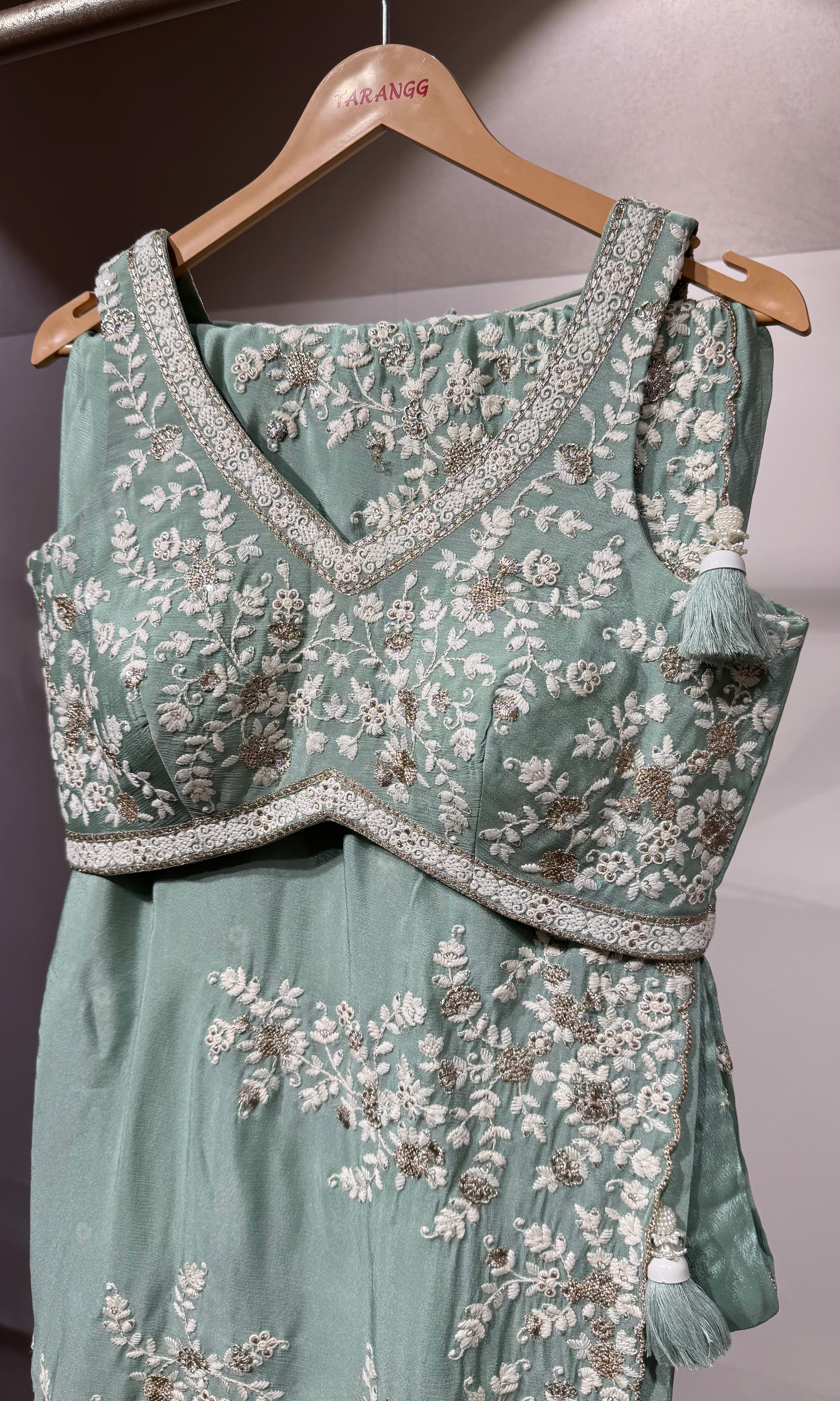 Pista green Floral Embroidered SAREE