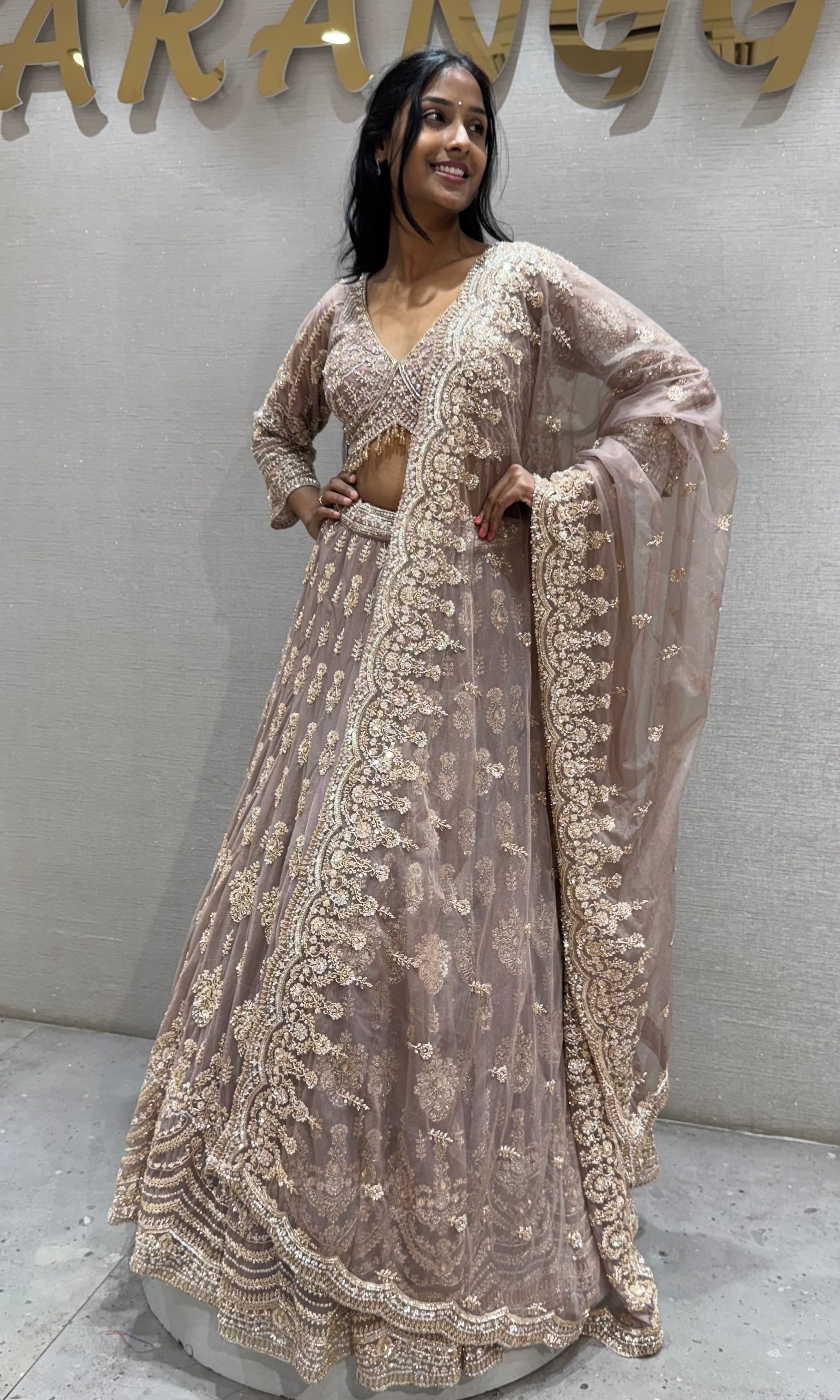 Mauve Embroidered Net Bridal Lehenga Set