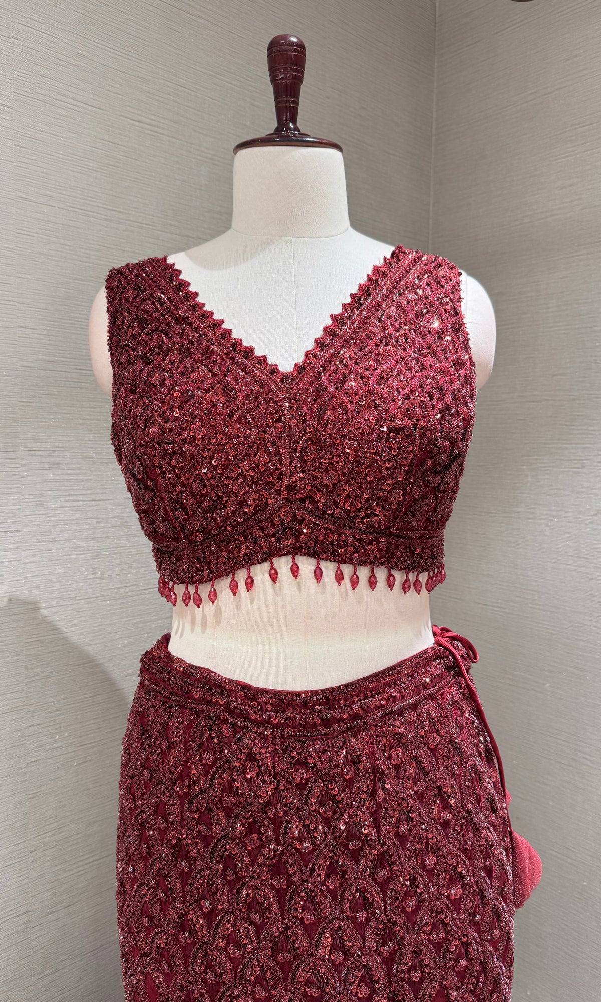 Wine Embroidered fish cut Lehenga Set with Sheer Dupatta
