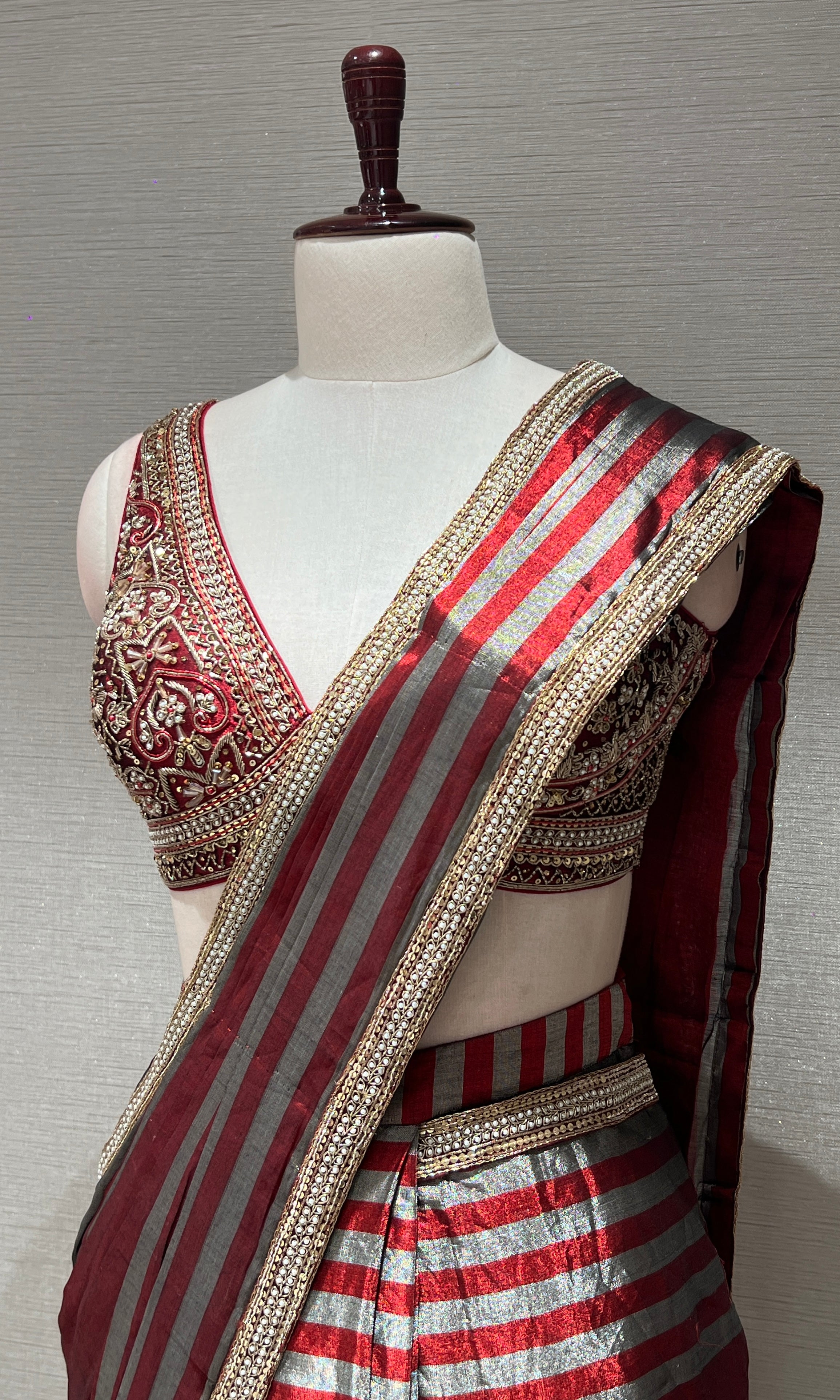 Red DRAPE SAREE WITH EMBELLISHED BLOUSE