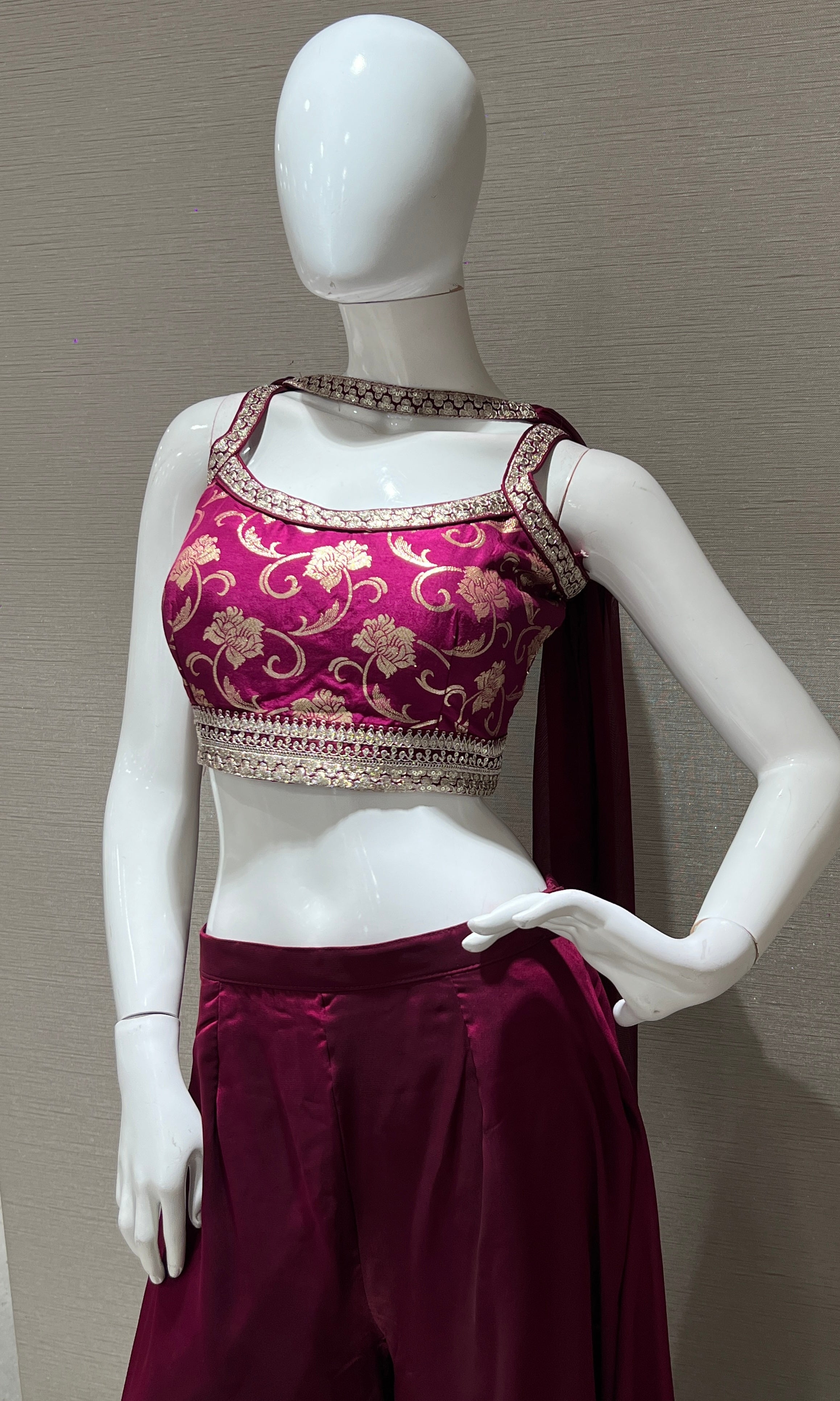 wine Embellished Blouse with Flowy Palazzo