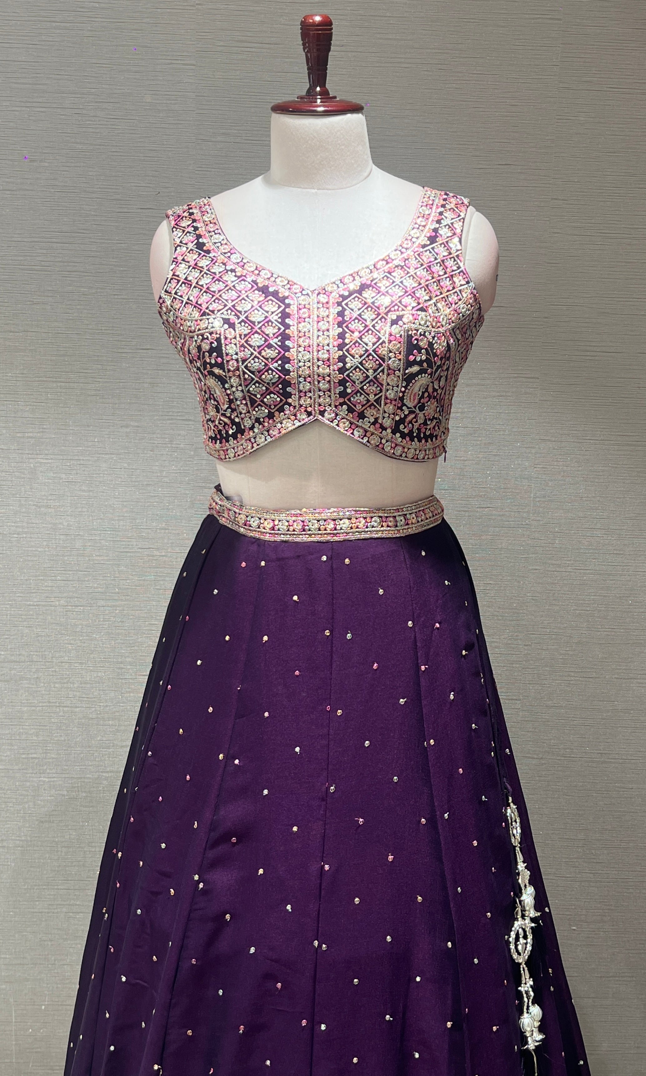Wine Mirrorwork Embroidered Lehenga Set