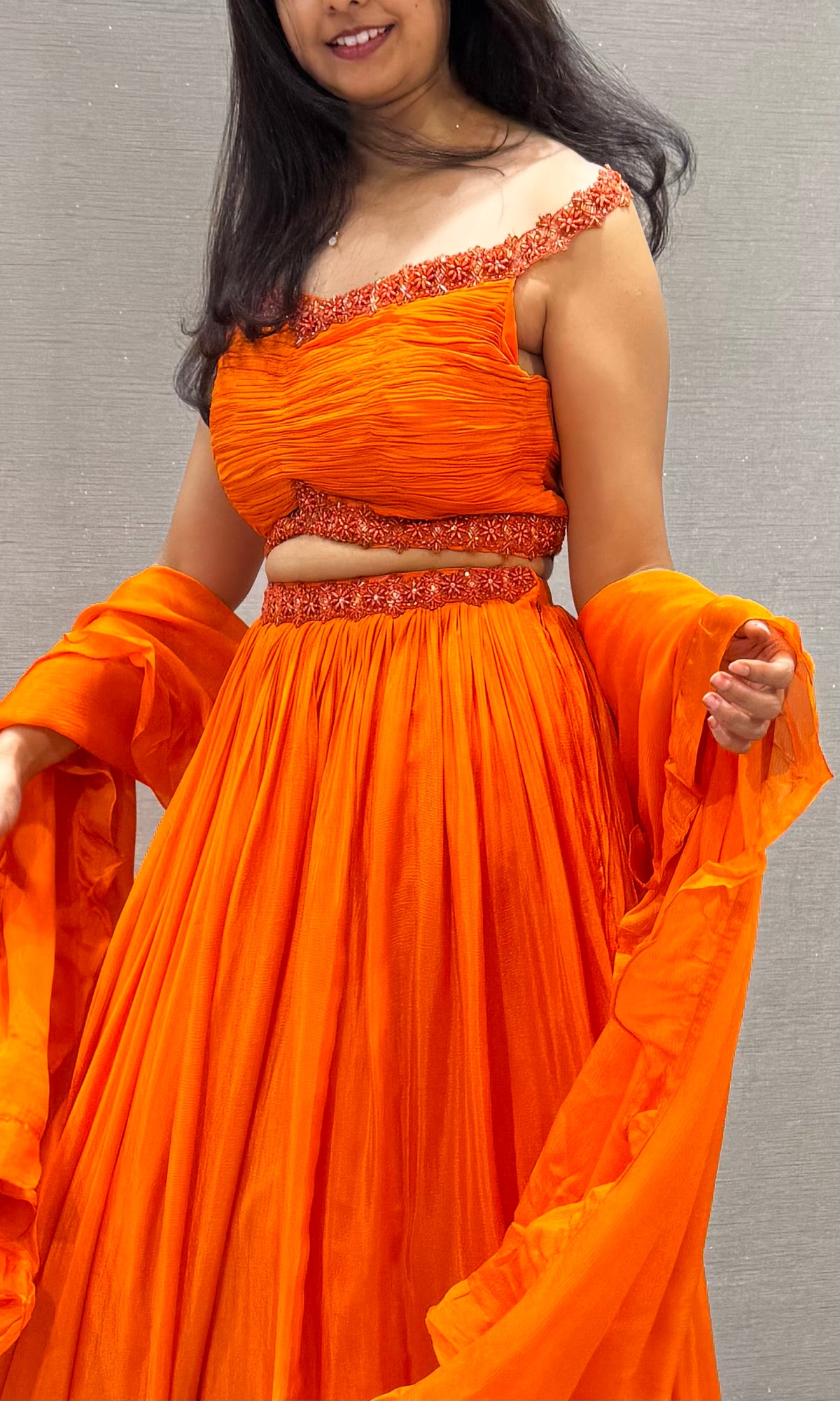 Orange cotton Embellished Crop Top Lehenga