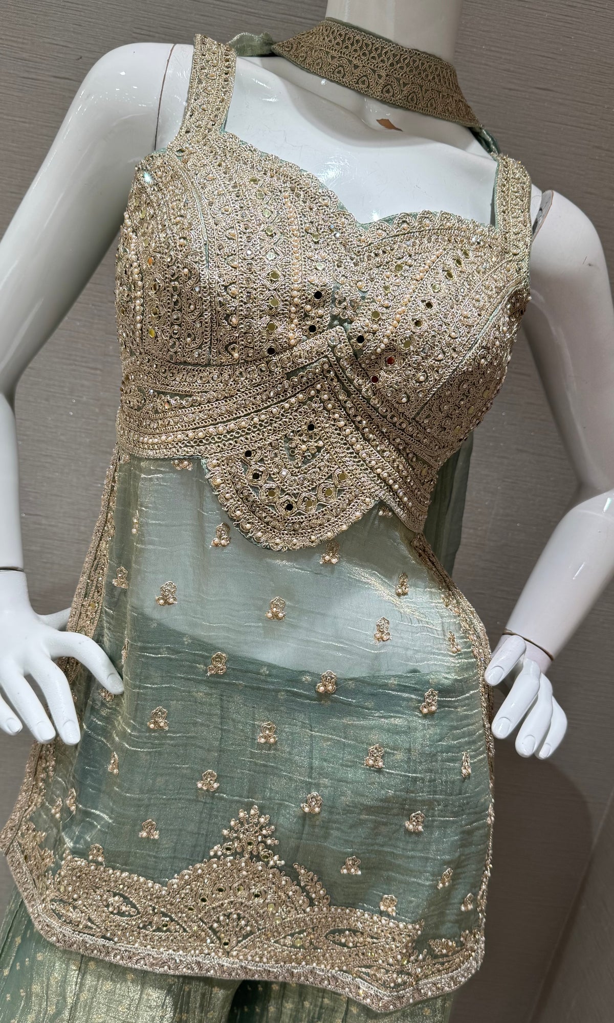 Sage Green Tissue silk Zari Mirror Short Kurti Sharara Set