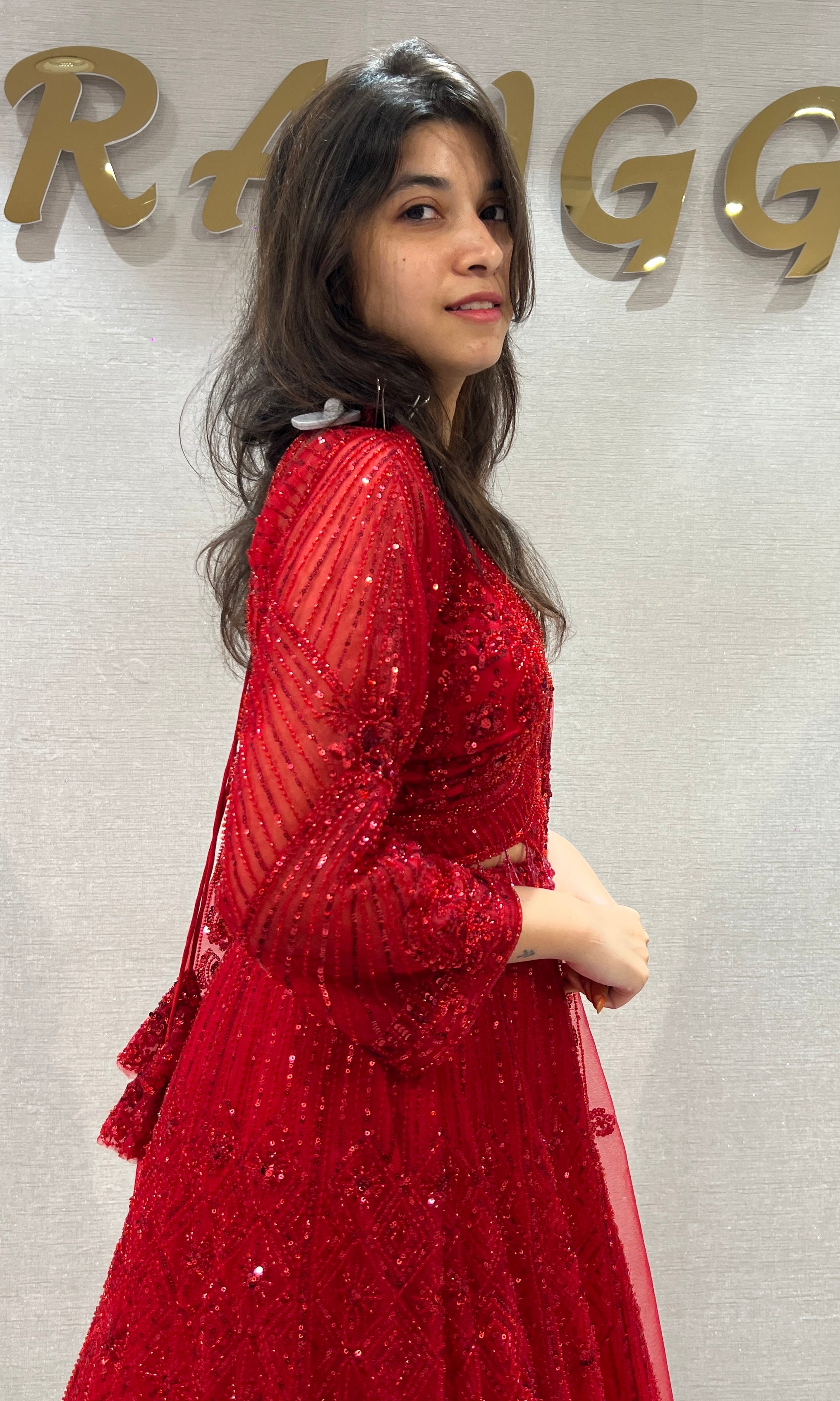 Red Embellished Lehenga set with Sheer Dupatta