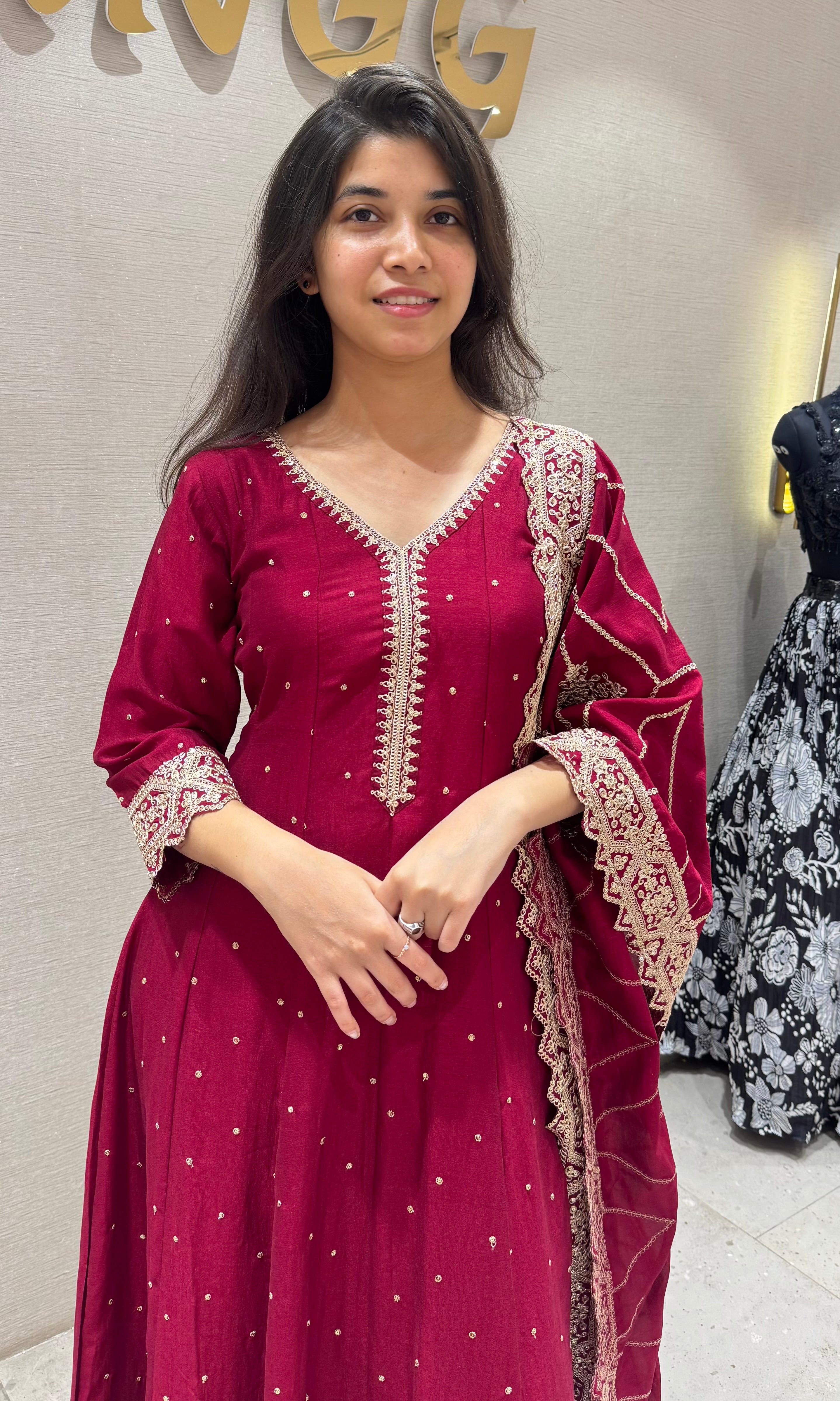 Maroon golden embroidered anarkali