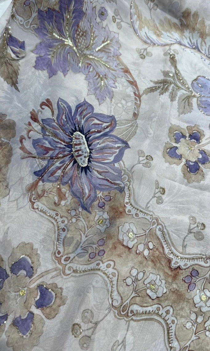 White and lavender floral saree with ready blouse