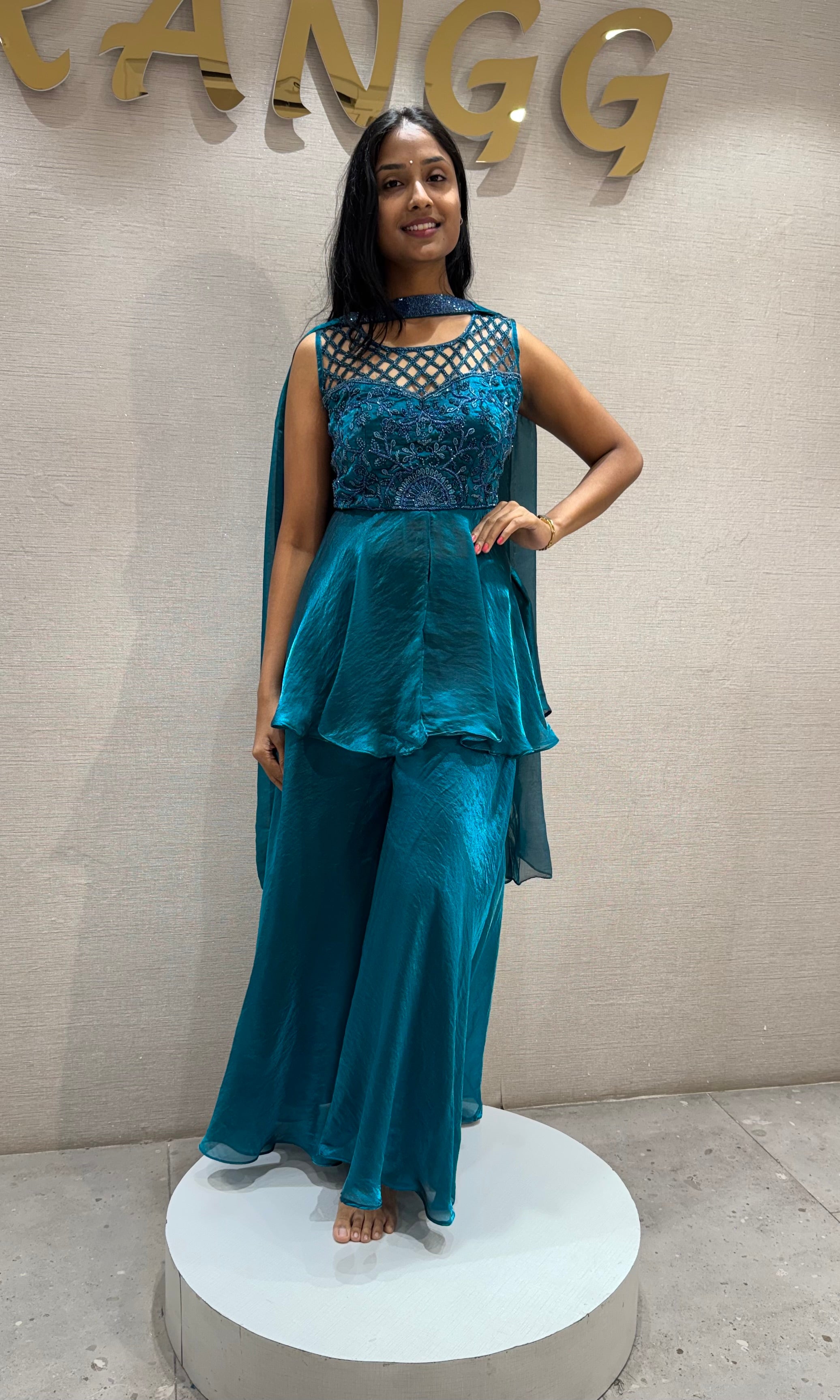Rama Blue Georgette Peplum Palazzo Set