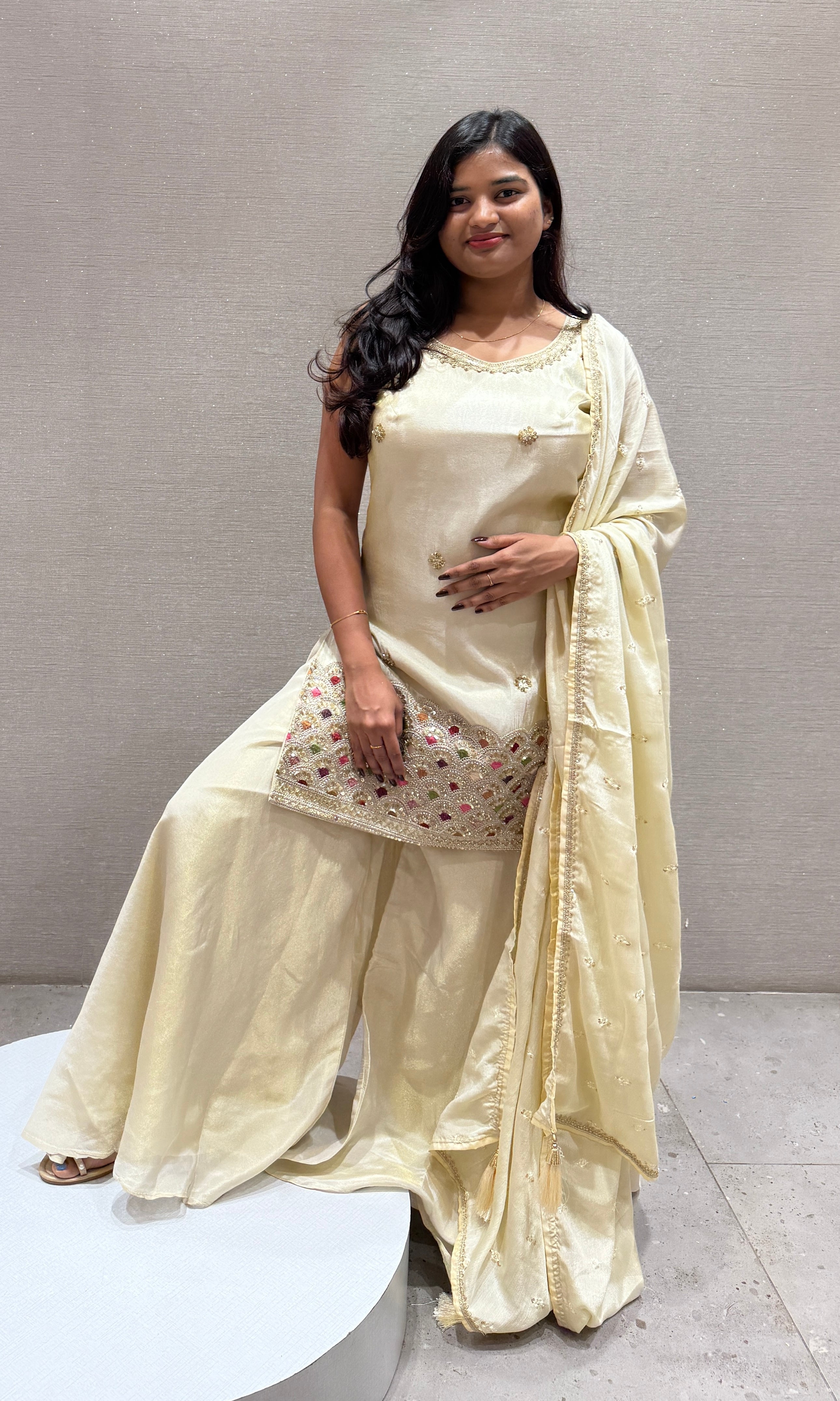 Half White Sharara With Golden Embroidery