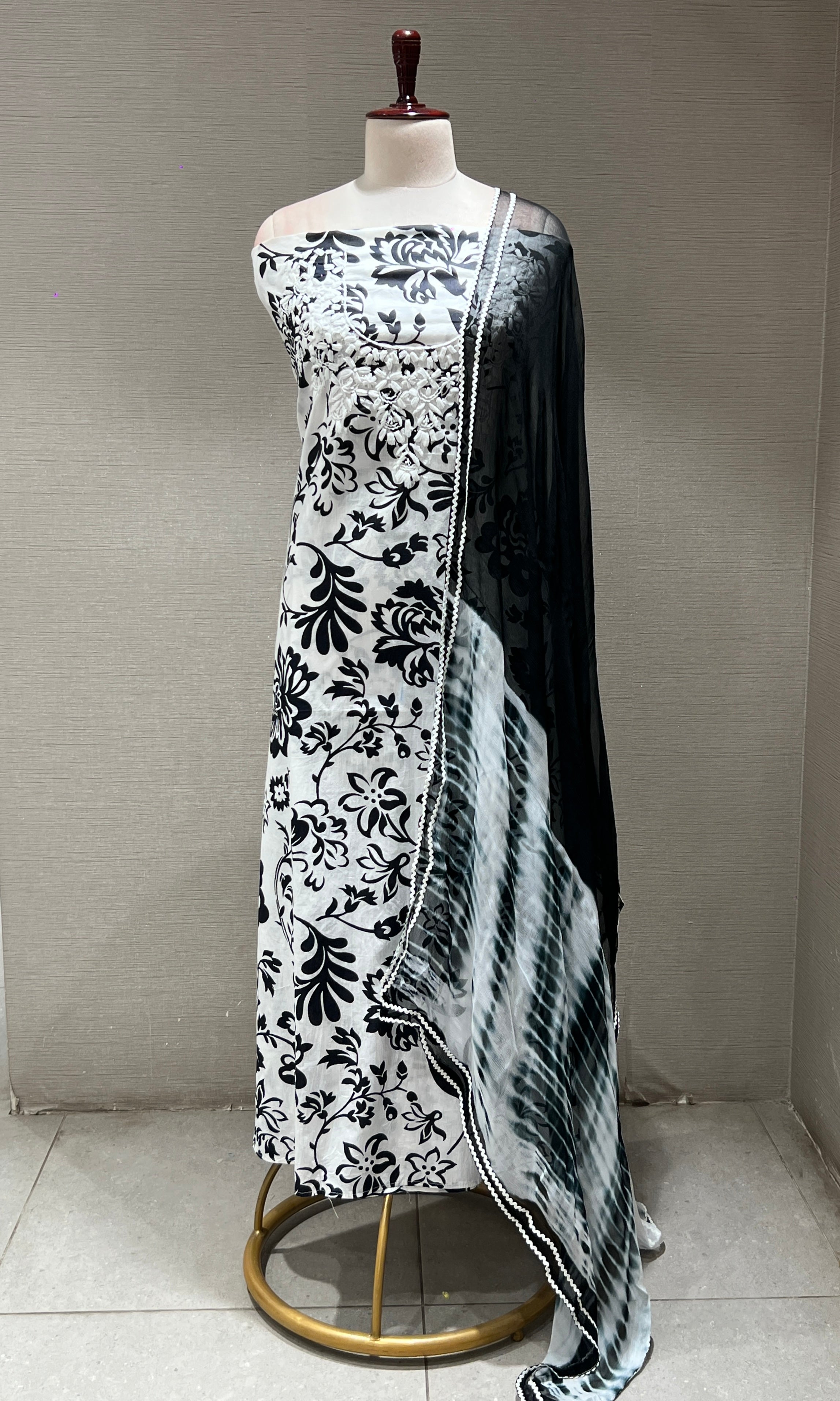 White AND BLACK FLORAL dress material