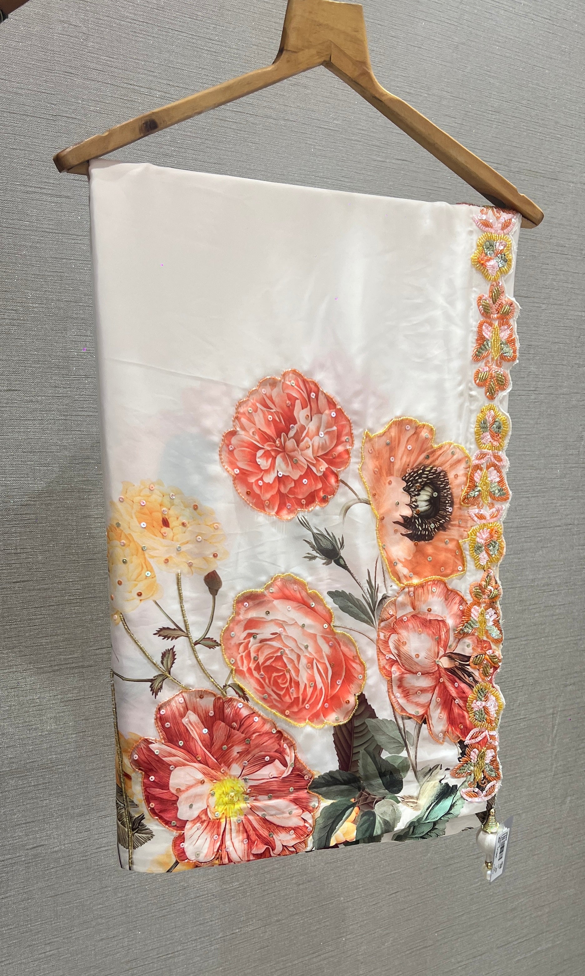 White Floral Print Saree with Sequin ready Blouse