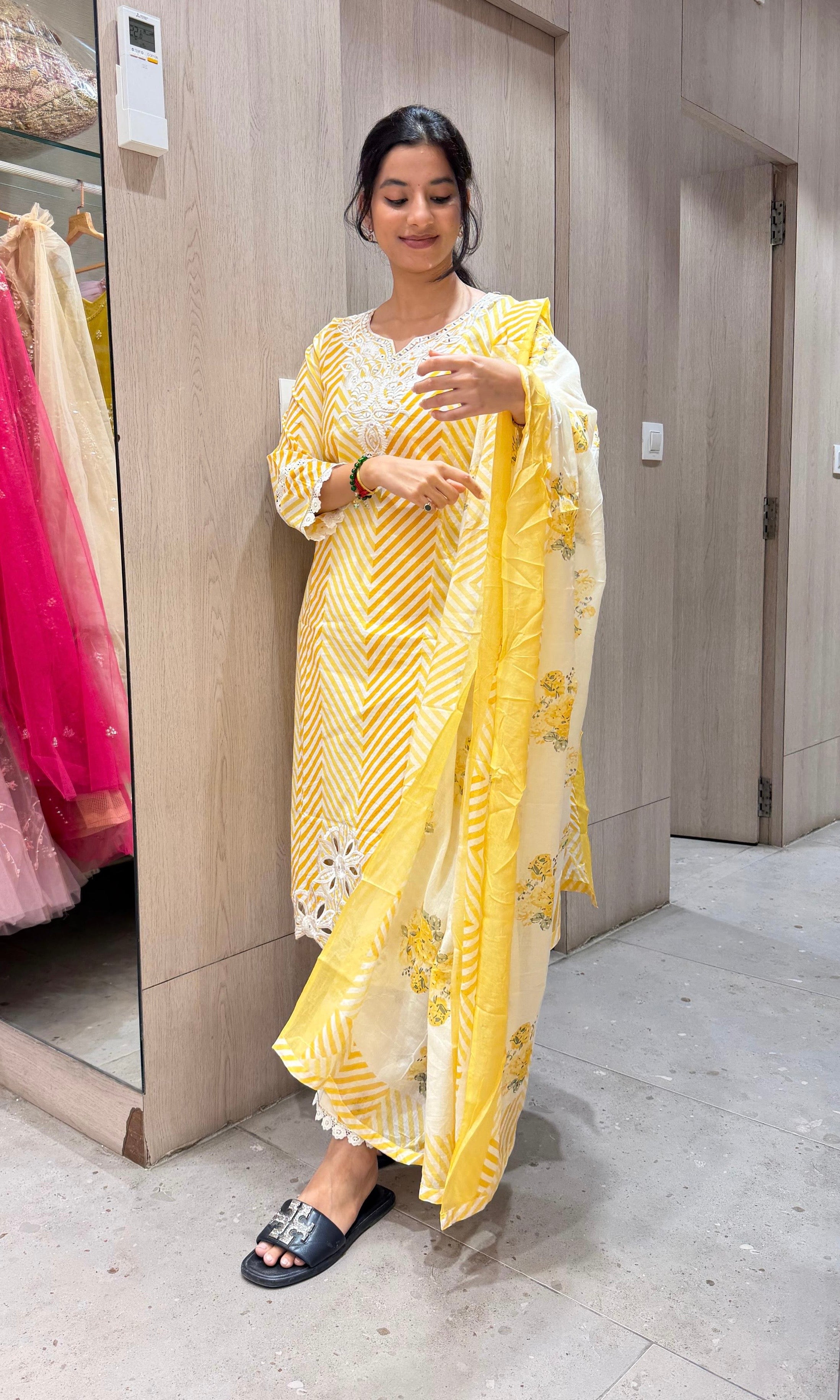 Yellow FLORAL STRIPED PRINTED kurta set