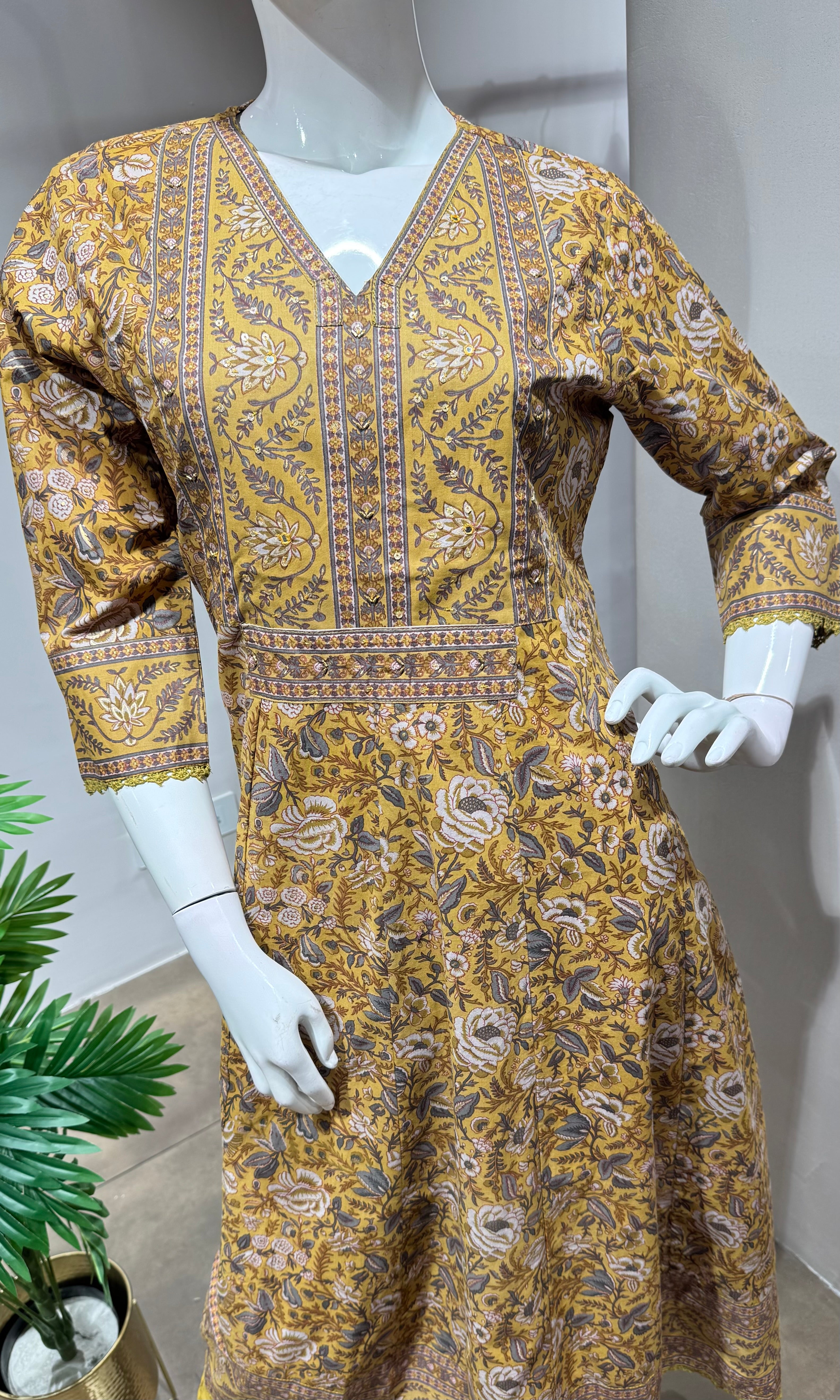 Mustard yellow jaipuri style cotton kurta set